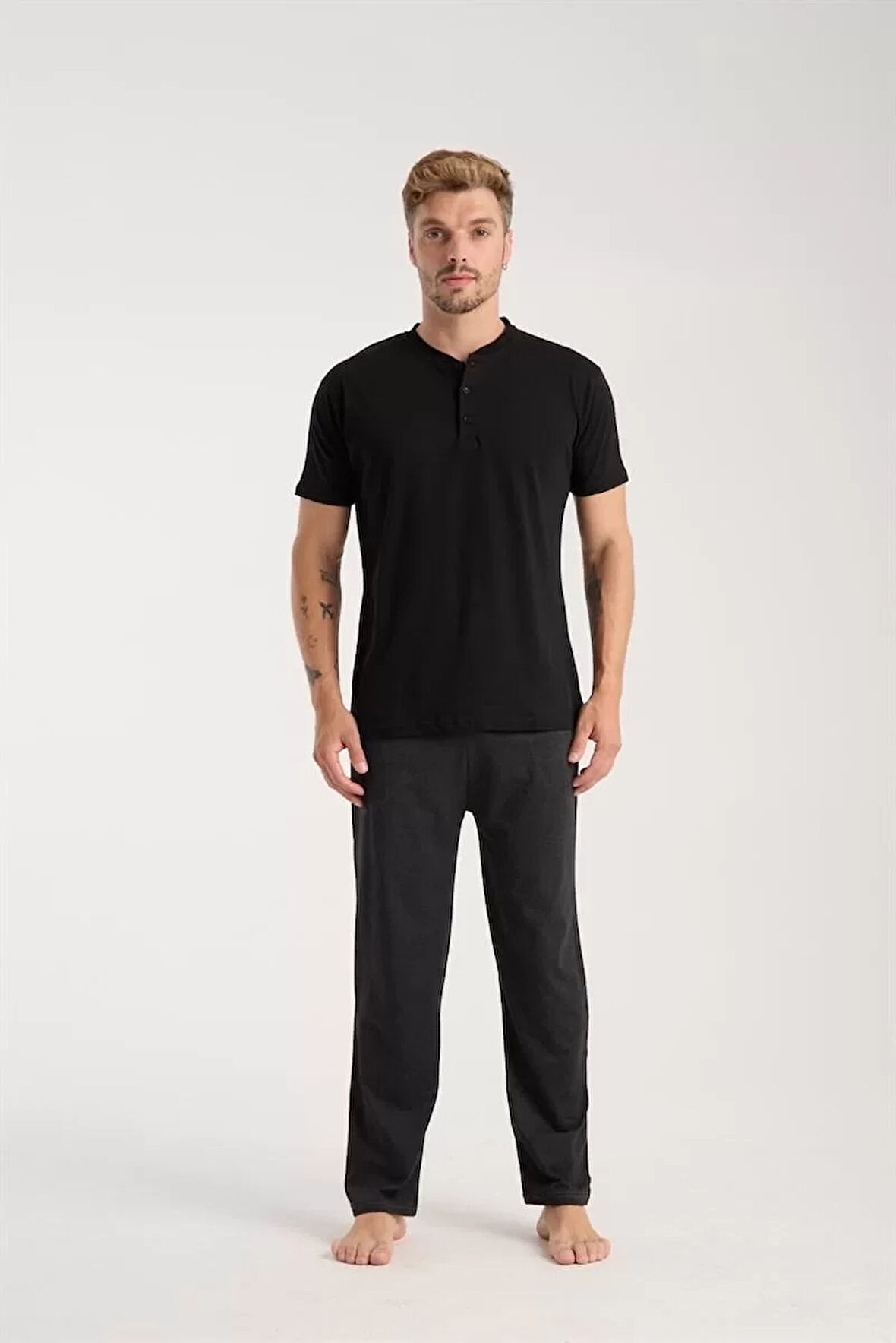 Moda Erkek Füme Düğmeli Yaka Kısa Kol Pijama Takımı