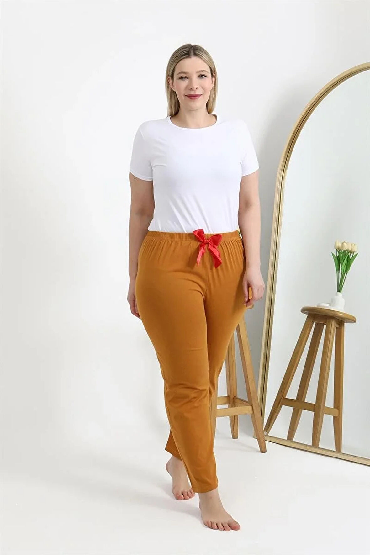 Moda Kadın Pamuklu Büyük Beden Alt Pijama Hardal