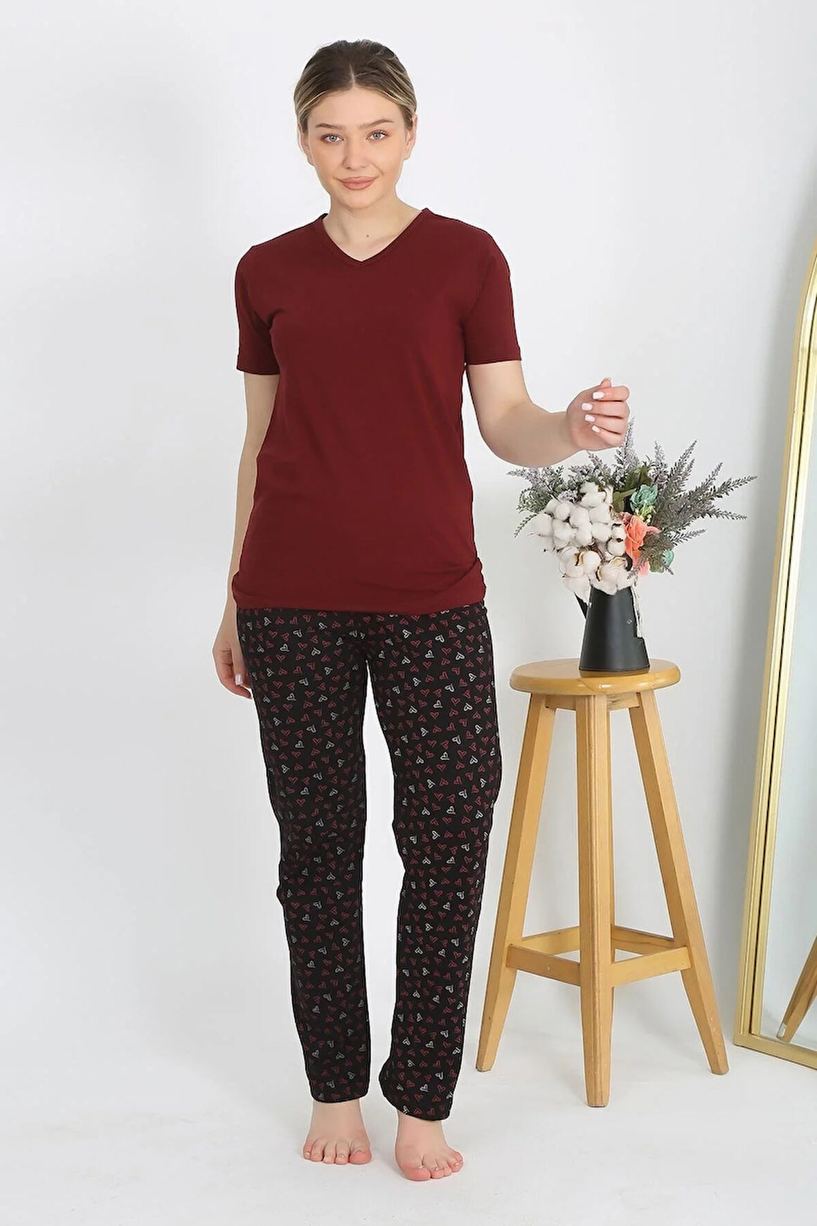 Moda Kadın Kısa Kol Pamuk Penye Pijama Takım Bordo