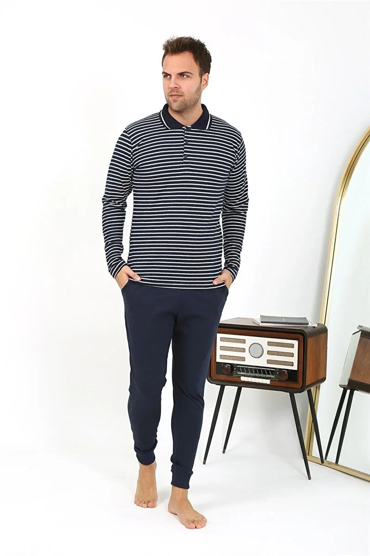 Moda Erkek Polo Yaka Uzun Kol Penye Pijama Takımı Lacivert