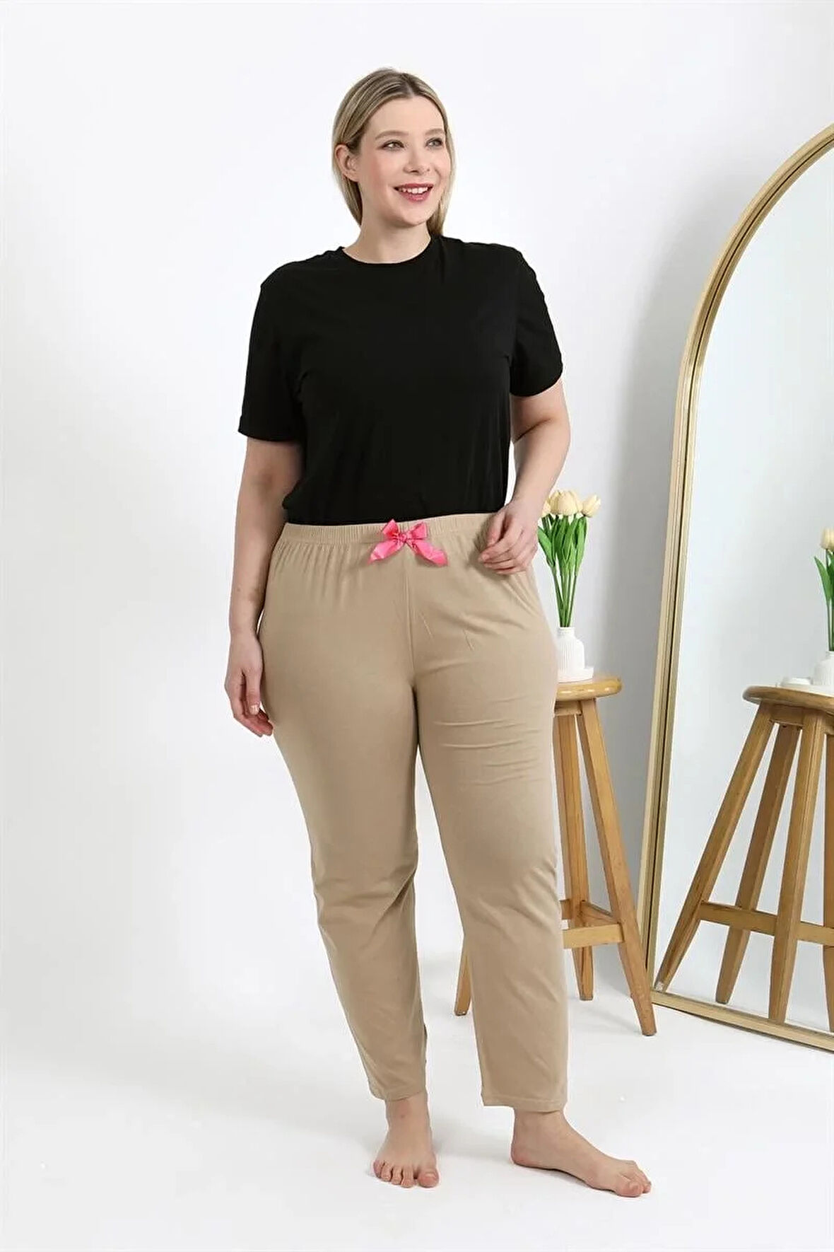 Moda Kadın Pamuklu Büyük Beden Alt Pijama Bej