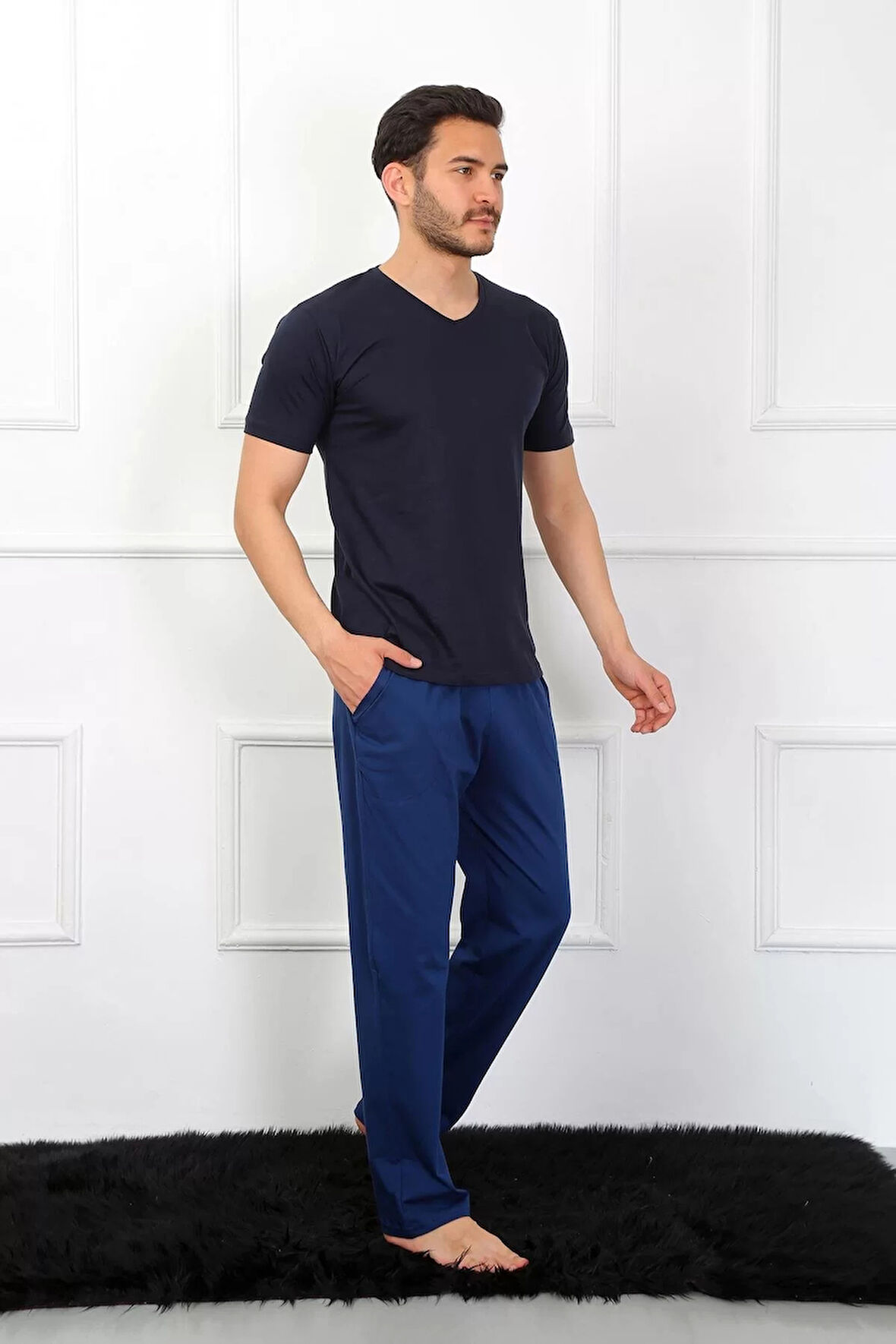 Moda Erkek Penye 3'lü Lacivert V Yaka Pijama Takımı