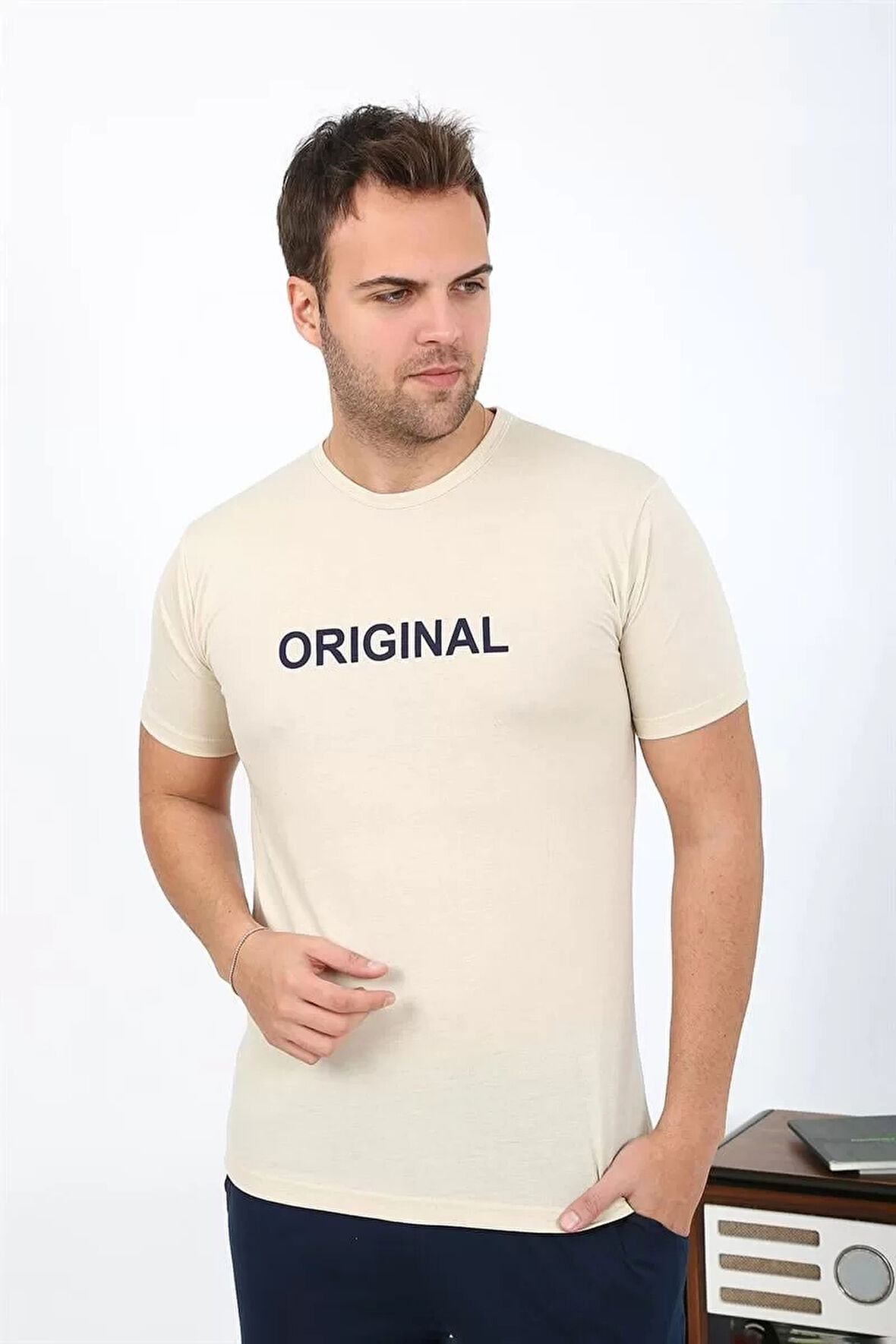 Moda Erkek Kısa Kol Penye Pijama Takımı Krem