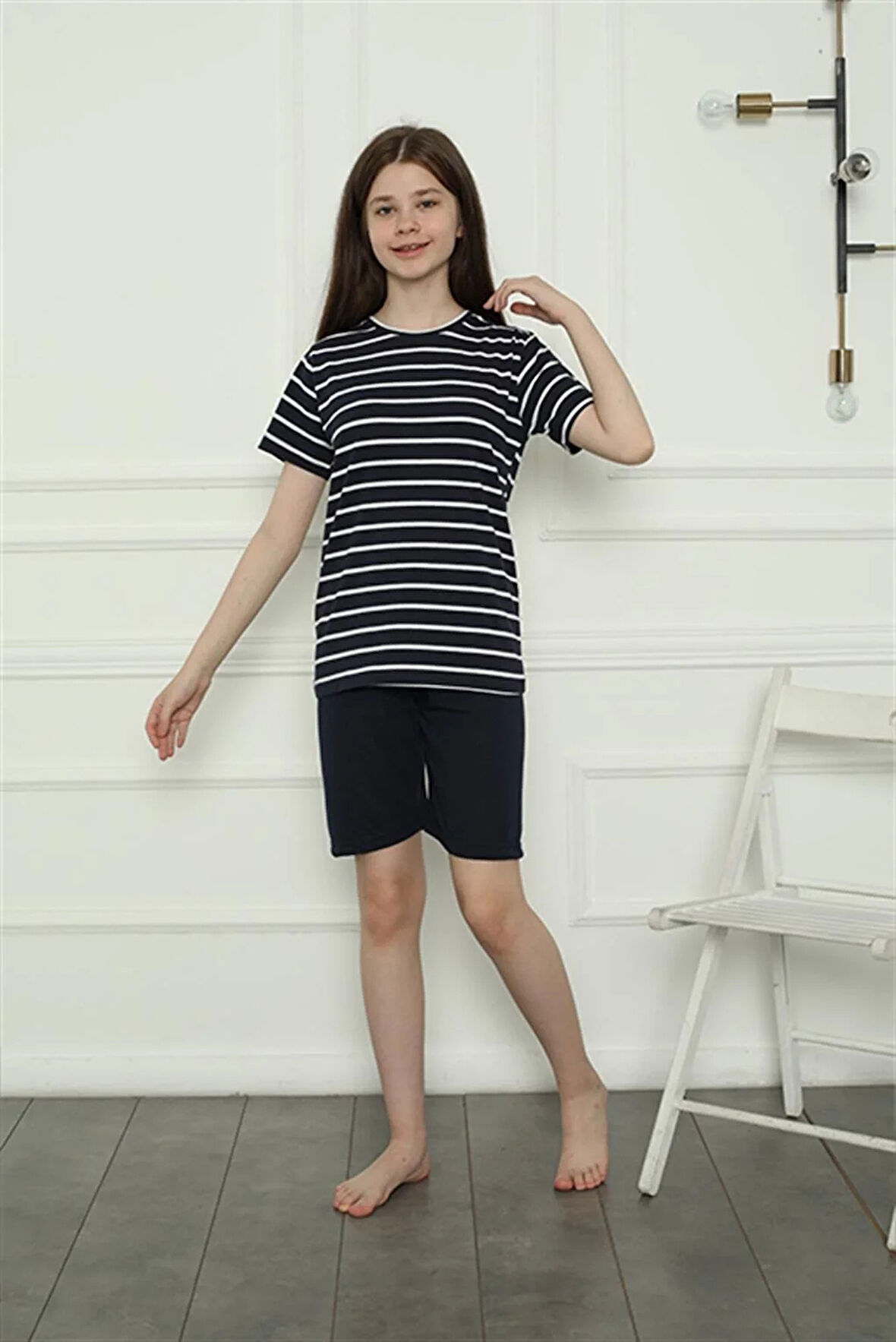 Moda Kız Çocuk Penye Şortlu Pijama Takım Lacivert