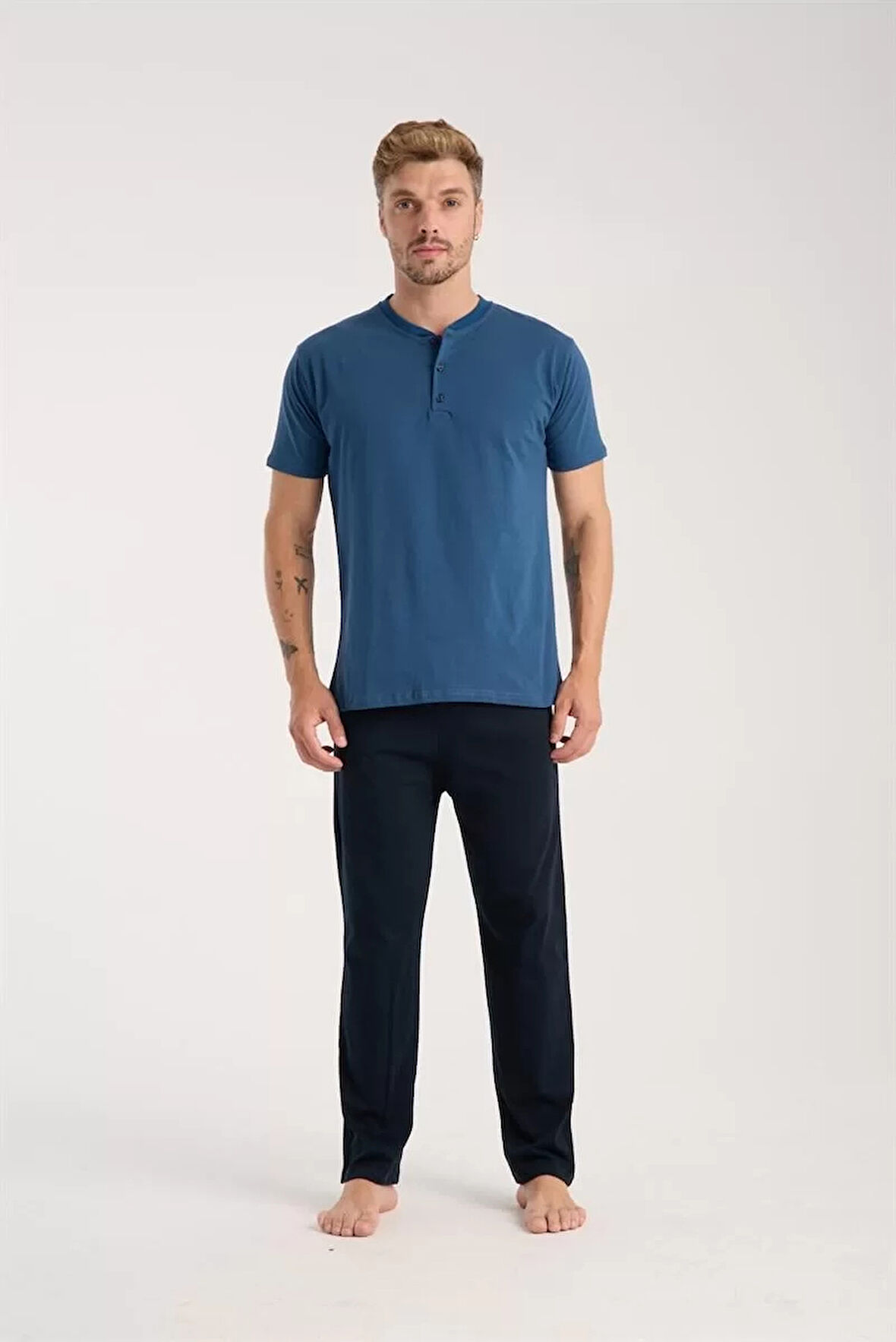 Moda Erkek İndigo Düğmeli Yaka Kısa Kol Pijama Takımı