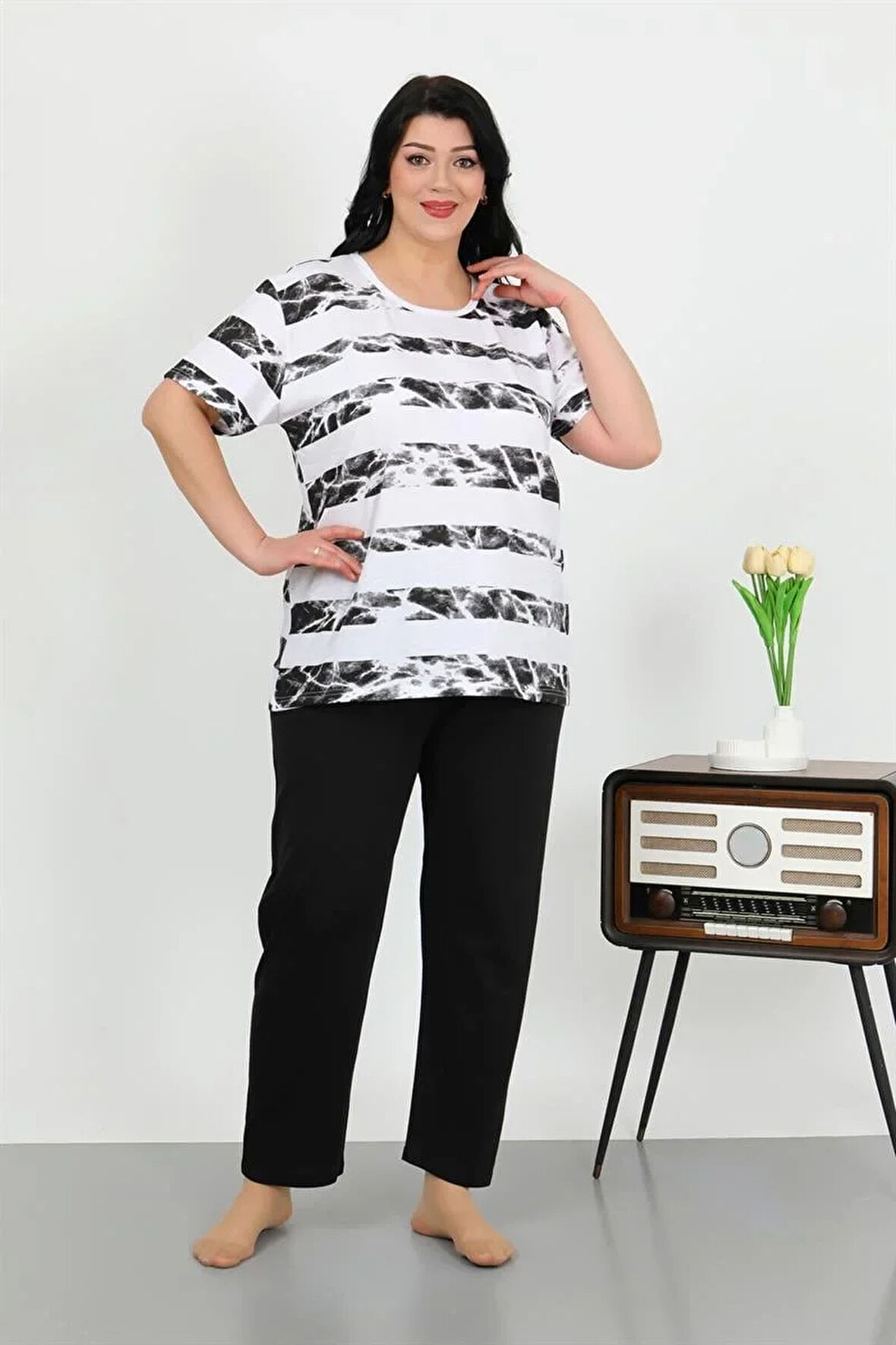 Moda Kadın Büyük Beden Kısa Kol Penye Pijama Takımı Beyaz