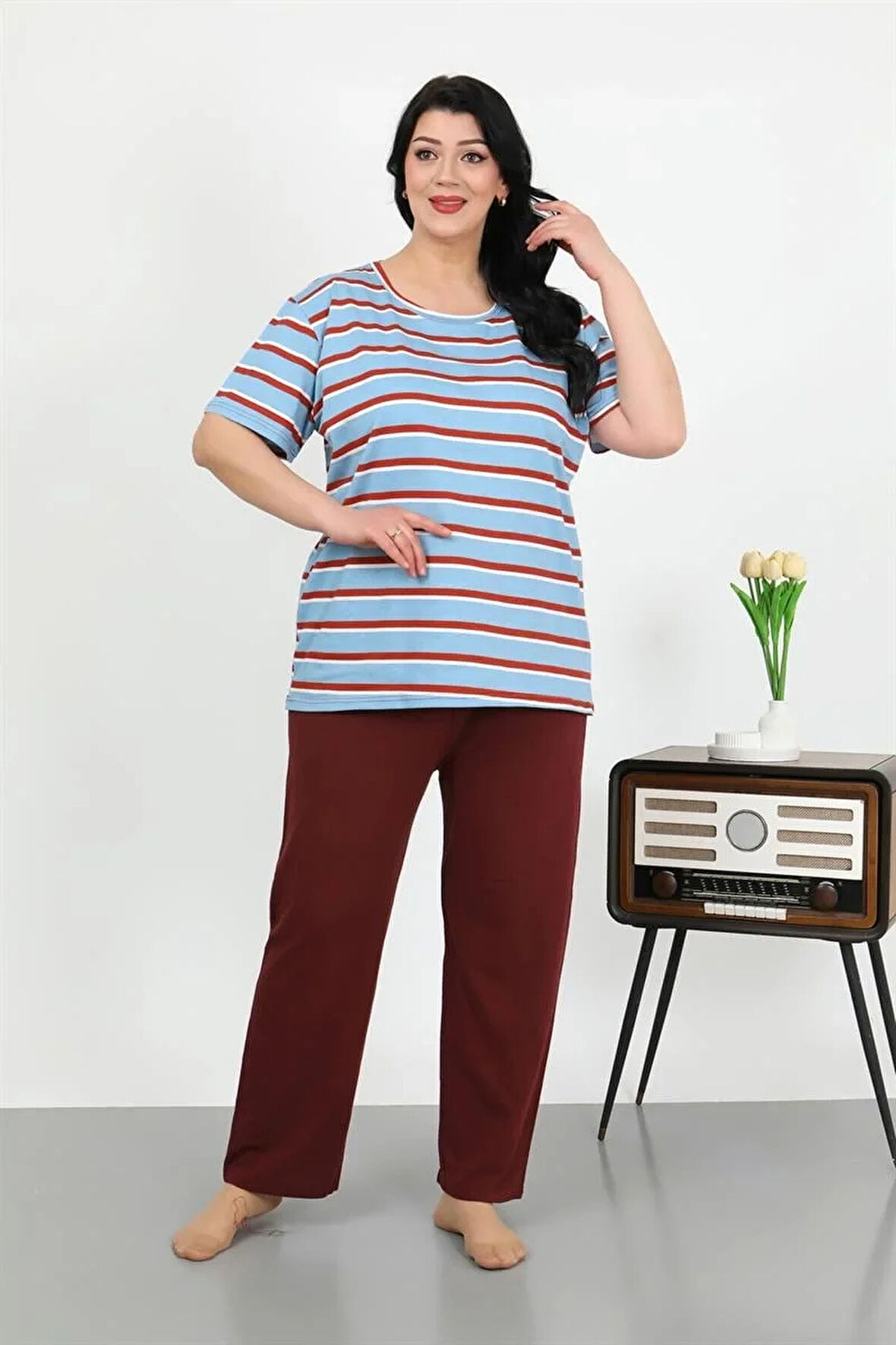 Moda Kadın Büyük Beden Kısa Kol Penye Pijama Takımı Mavi