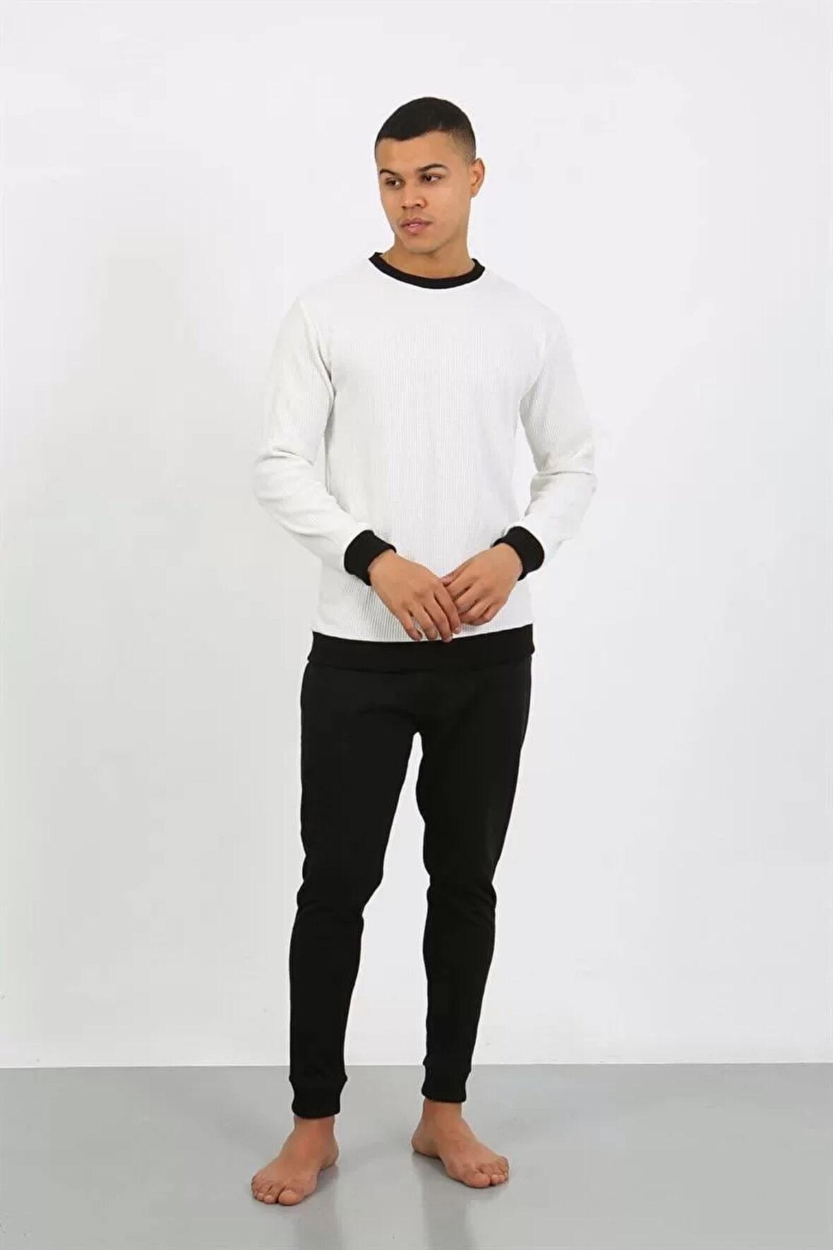 Moda Erkek Uzun Kol Manşetli Paça Penye Pijama Takımı Beyaz