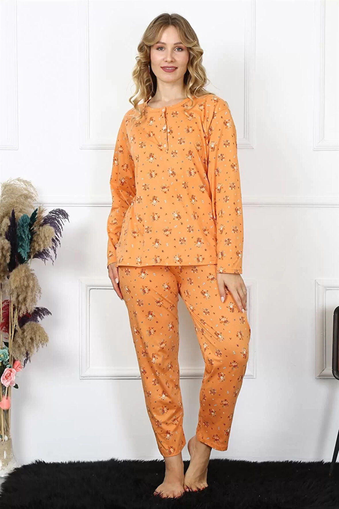 Moda Kadın 4XL-5XL-6XL-7XL-8XL Büyük Beden Uzun Kol Pijama Takım Turuncu