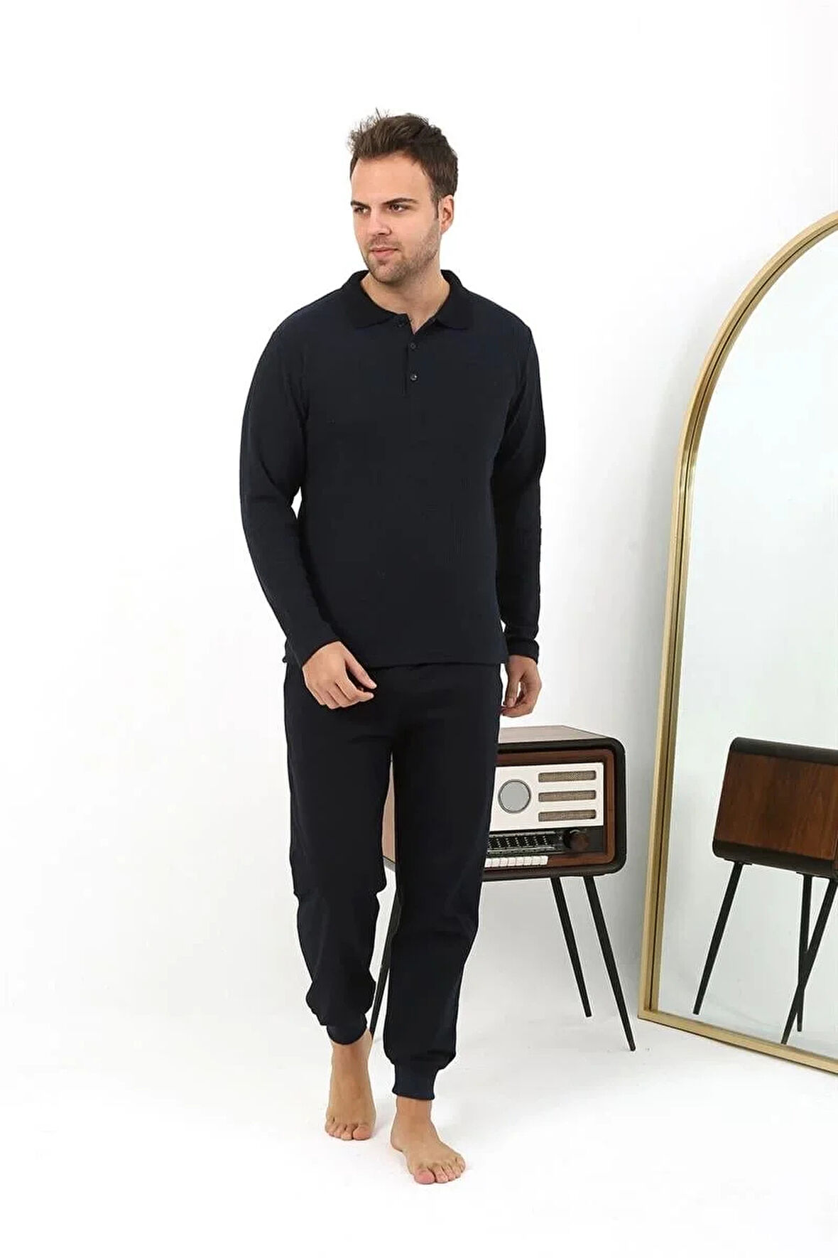 Moda Erkek Polo Yaka Uzun Kol Penye Pijama Takımı Lacivert