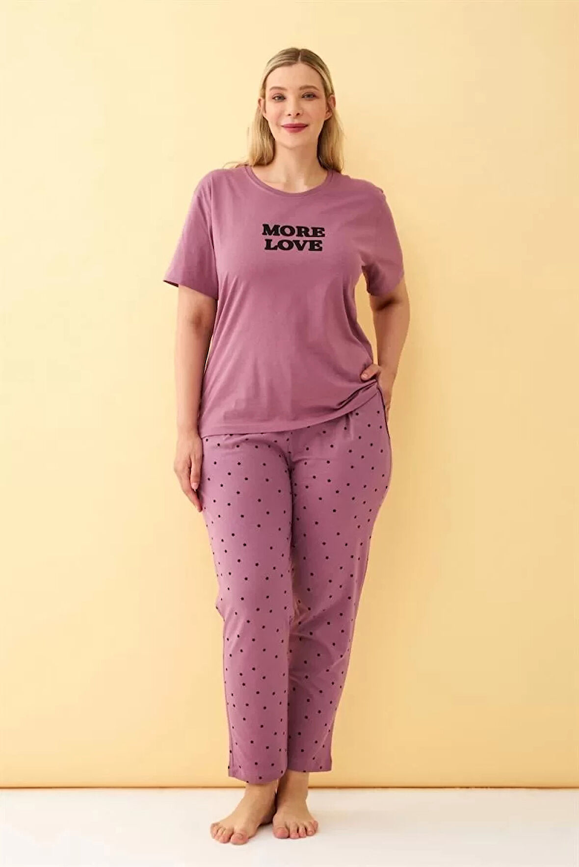 Moda Kadın Mürdüm More Love Yazılı Büyük Beden Pijama Takımı