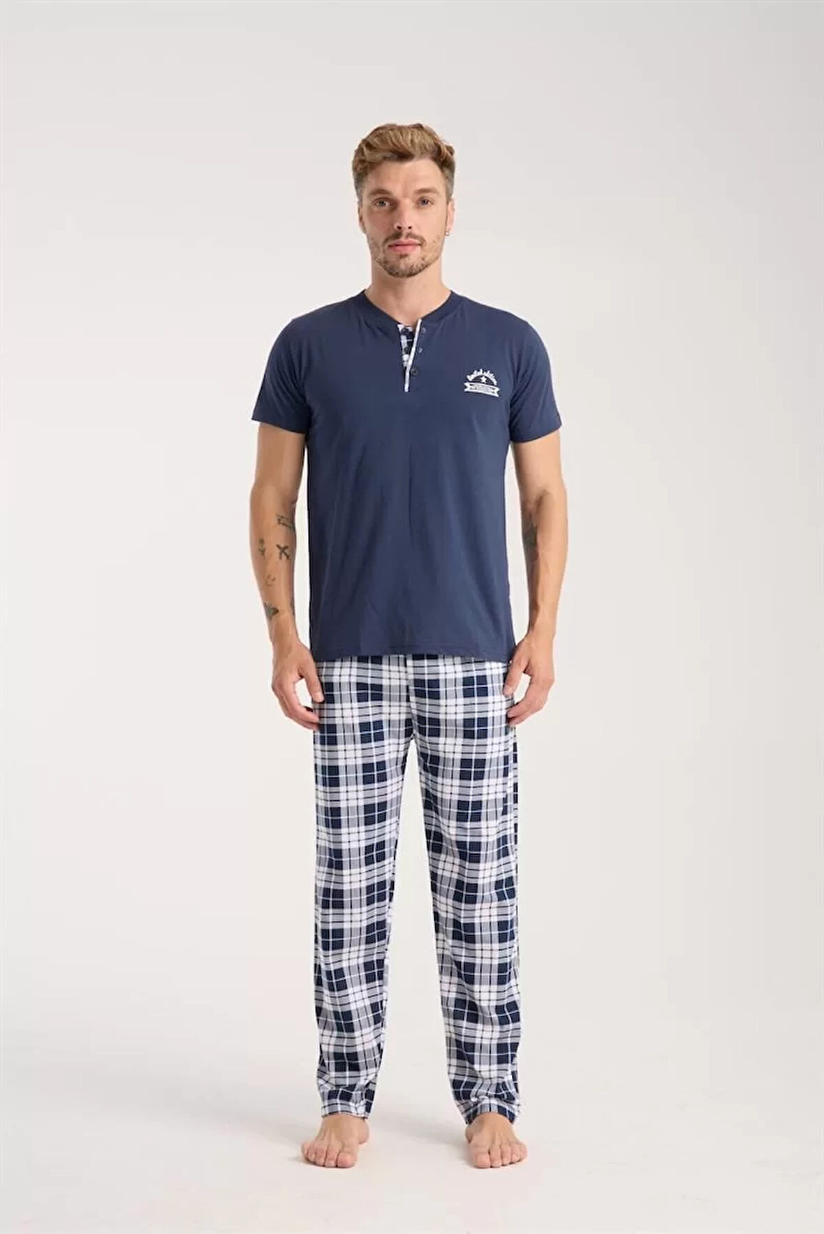 Moda Erkek Lacivert Düğmeli Yaka Kısa Kol Pijama Takımı