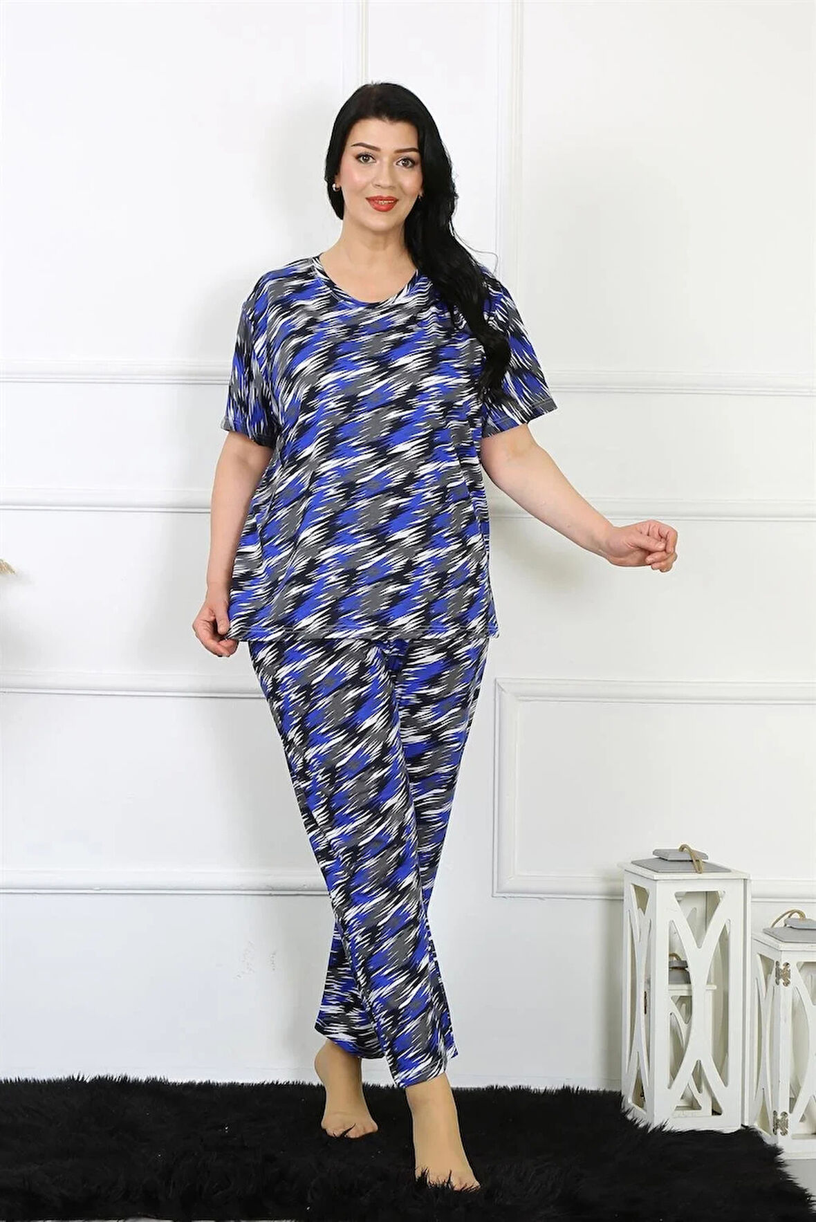 Moda Kadın 5XL-6XL-7XL-8XL Büyük Beden Kısa Kol Pijama Takım Saks