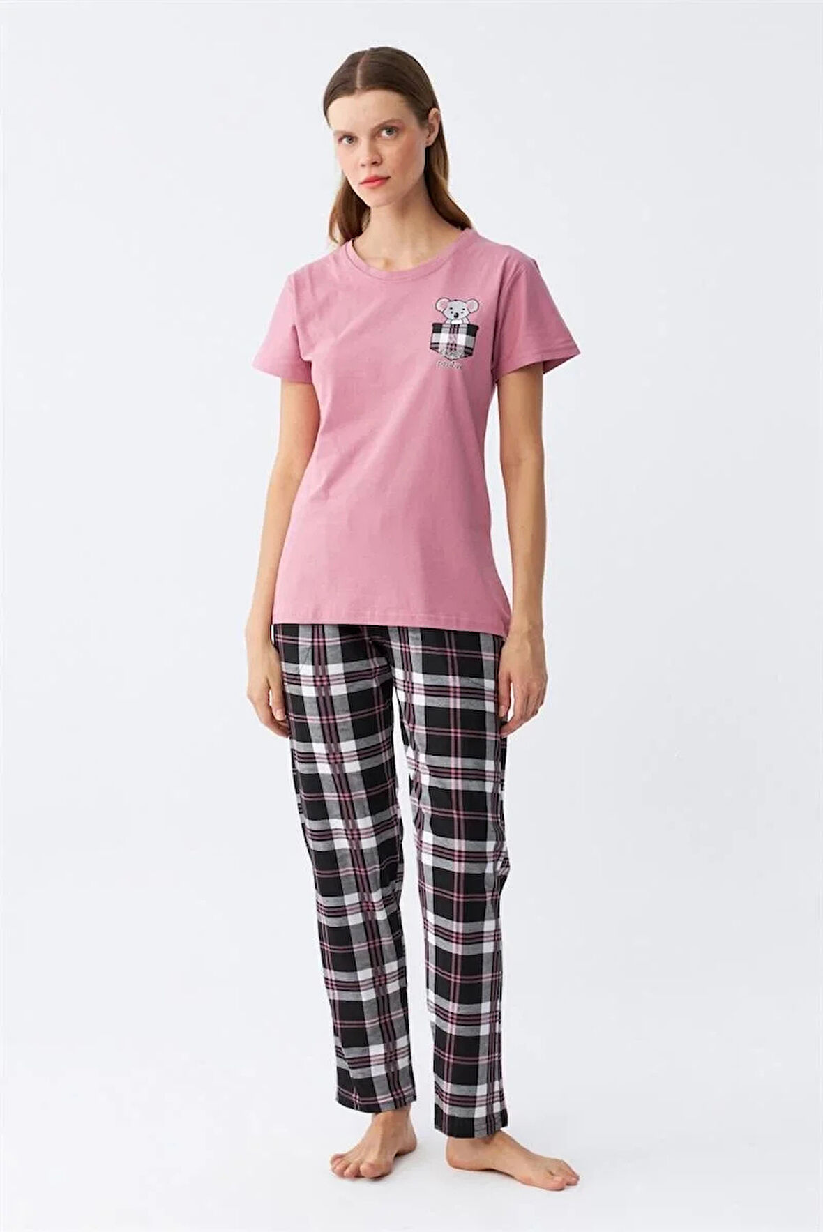 Moda Kadın Somon Ayıcık Baskılı Ekoseli Penye Pijama Takımı