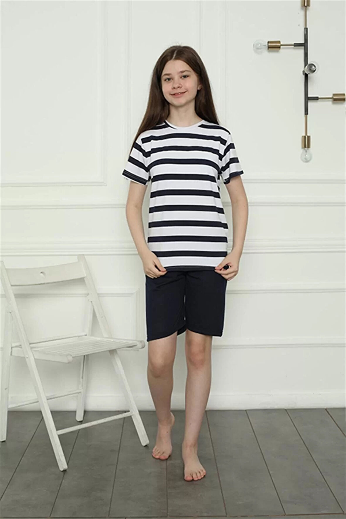 Moda Kız Çocuk Penye Şortlu Pijama Takım Lacivert