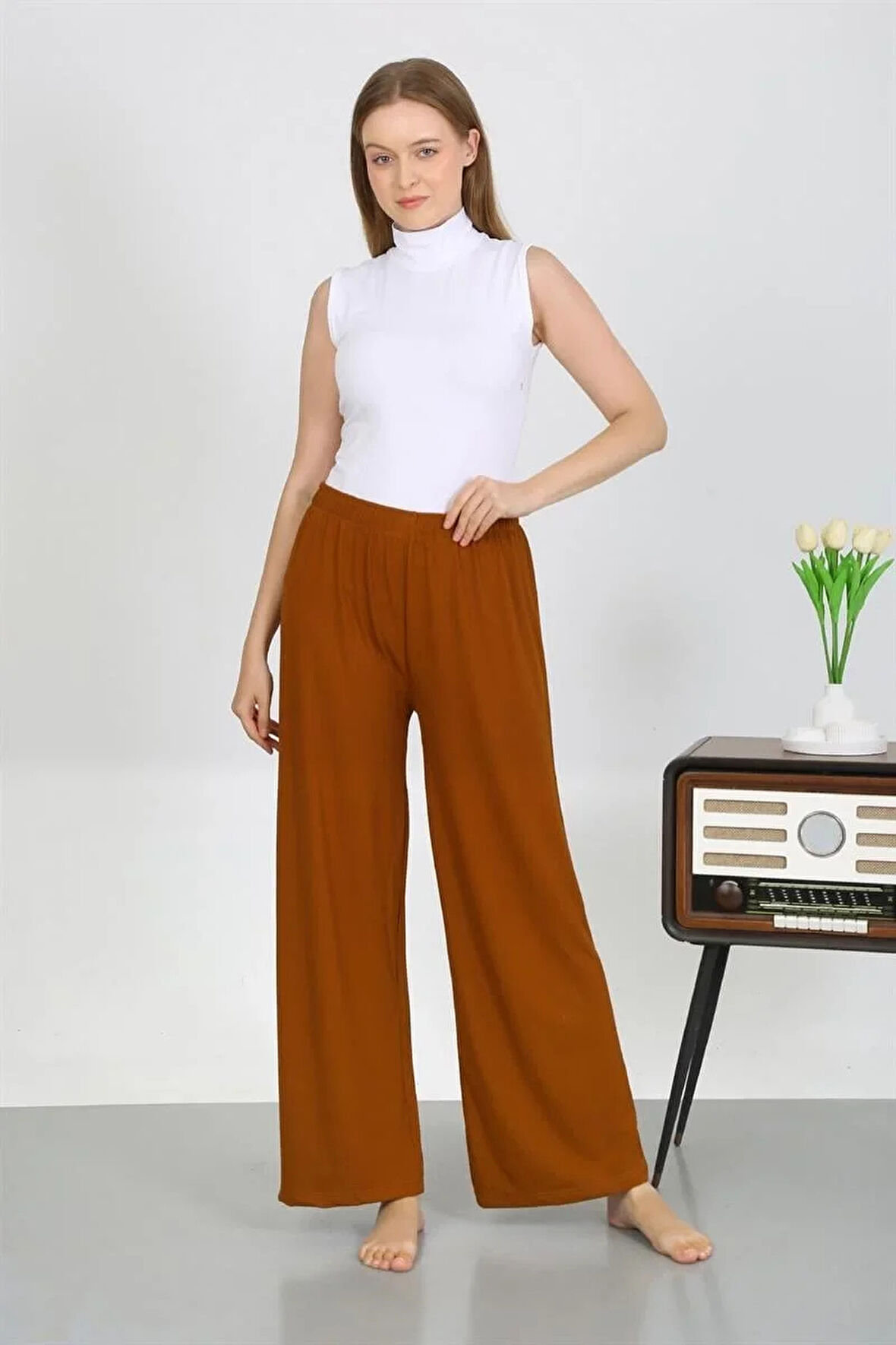 Moda Kadın Bürümcük Kumaş Hafif-Esnek Pantolon 210074 Kahve