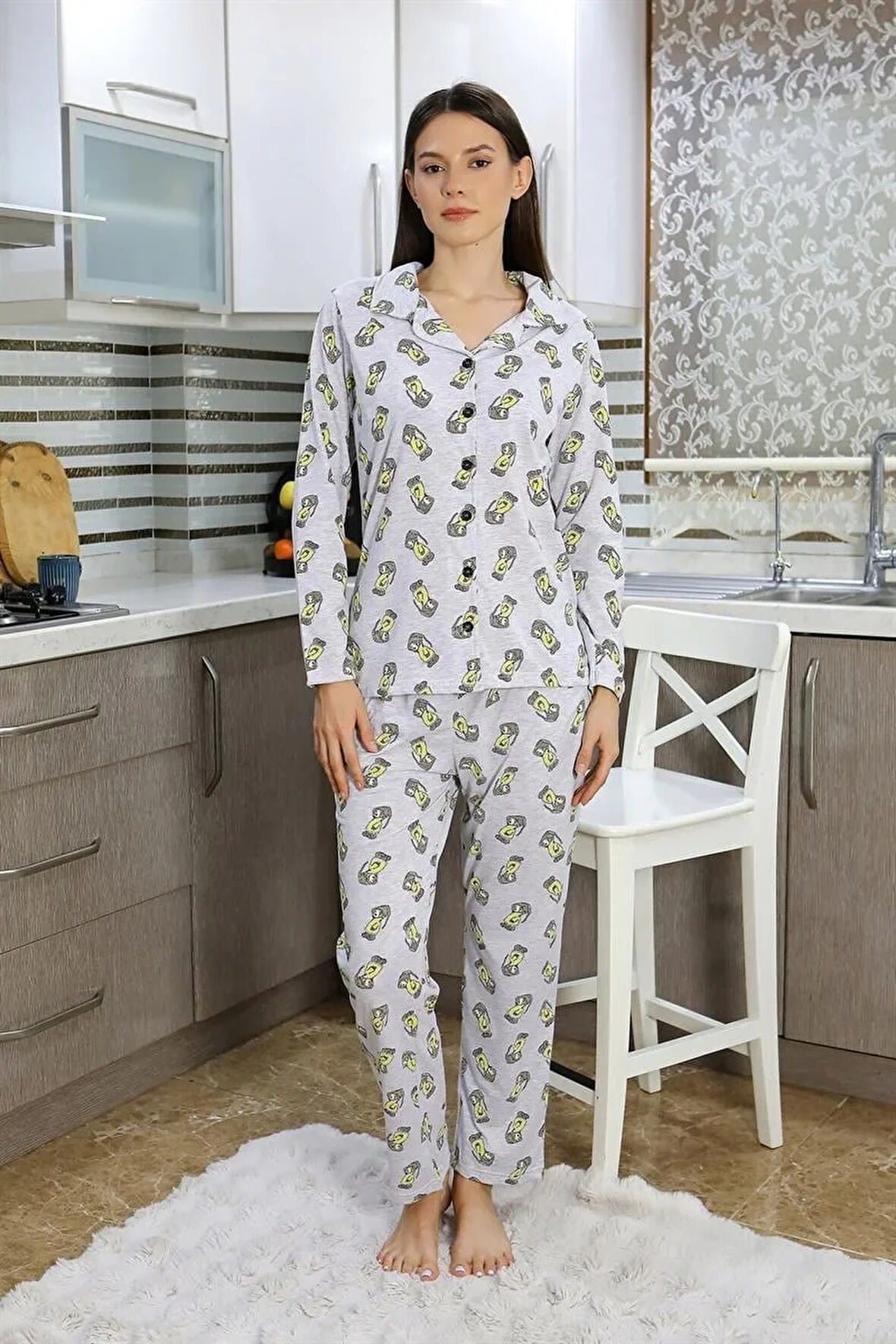 Moda Kadın Pamuk Penye Önden Düğmeli Uzun Kol Pijama Takım Gri