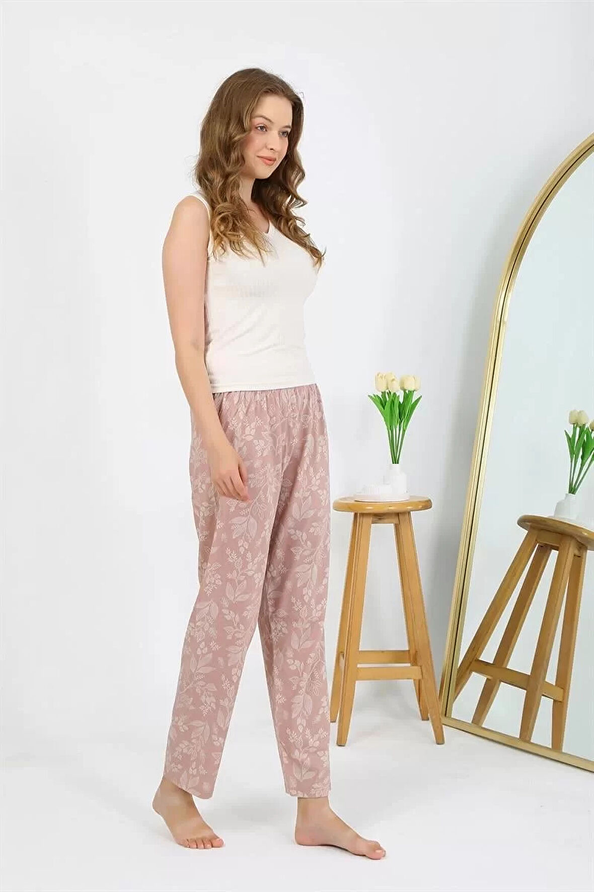 Moda Kadın Penye Çiçek Desenli Tek Alt Pijama Pudra