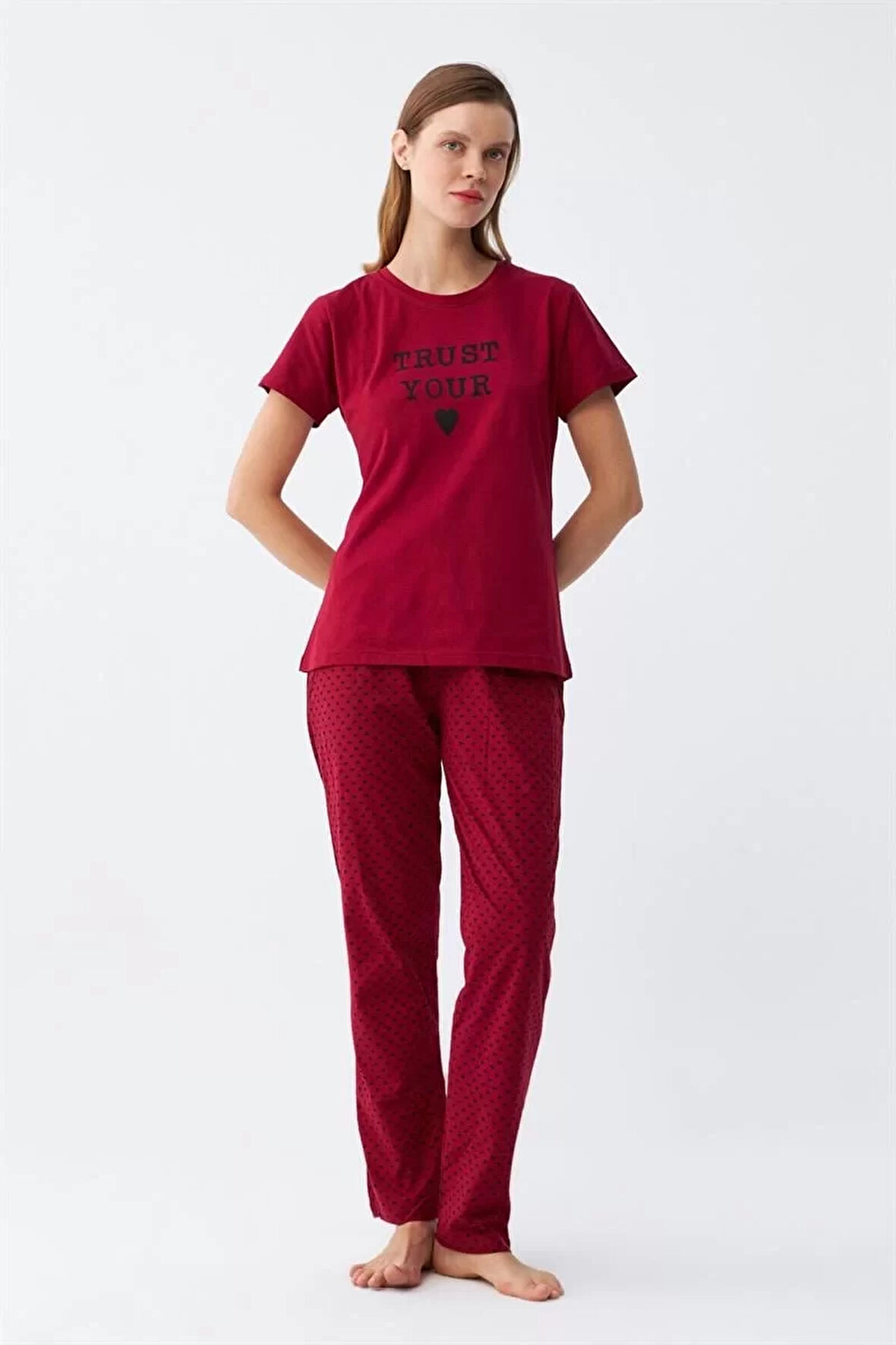 Moda Kadın Bordo Kalp Desenli Kısa Kollu Penye Pijama Takımı