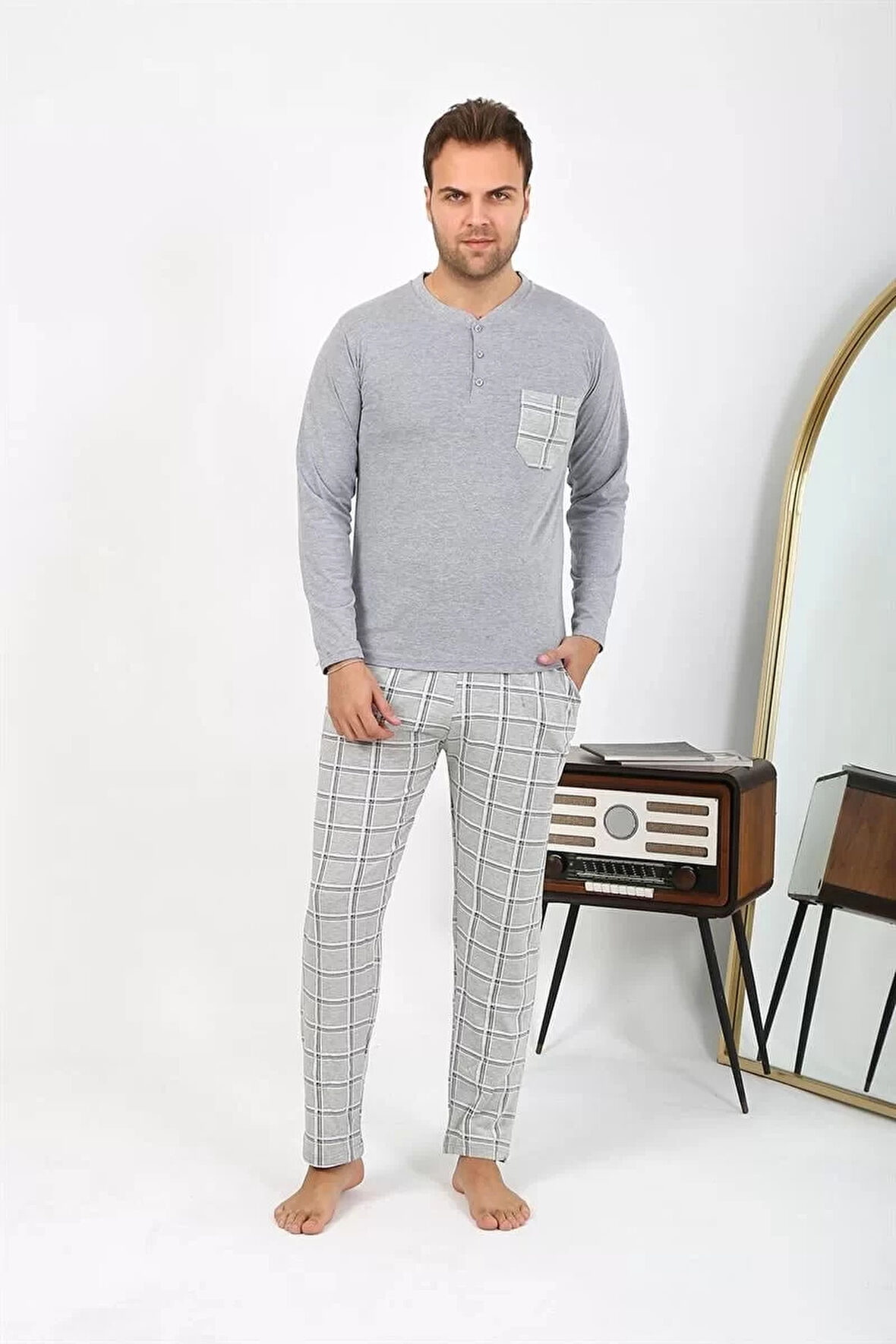 Moda Erkek Uzun Kol Penye Gri Pijama Takımı