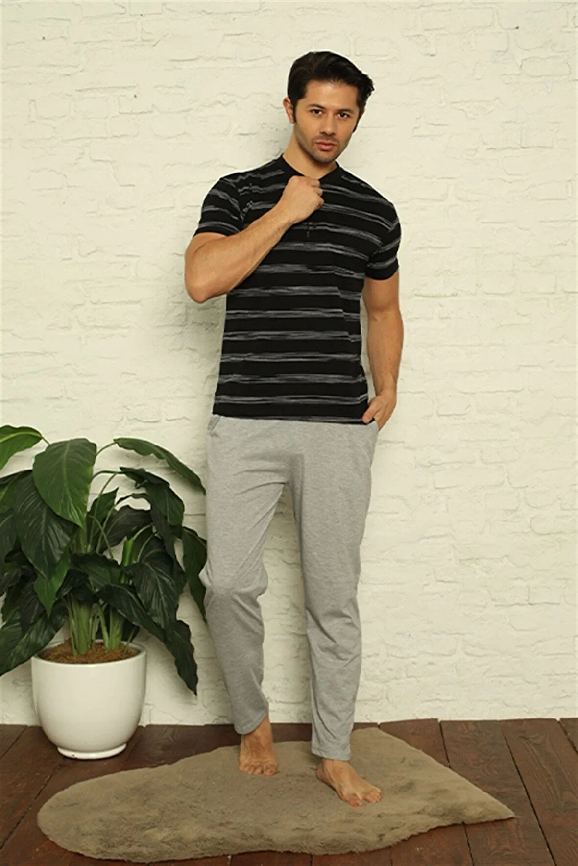 Moda Erkek Siyah 3'lü Pijama Takım