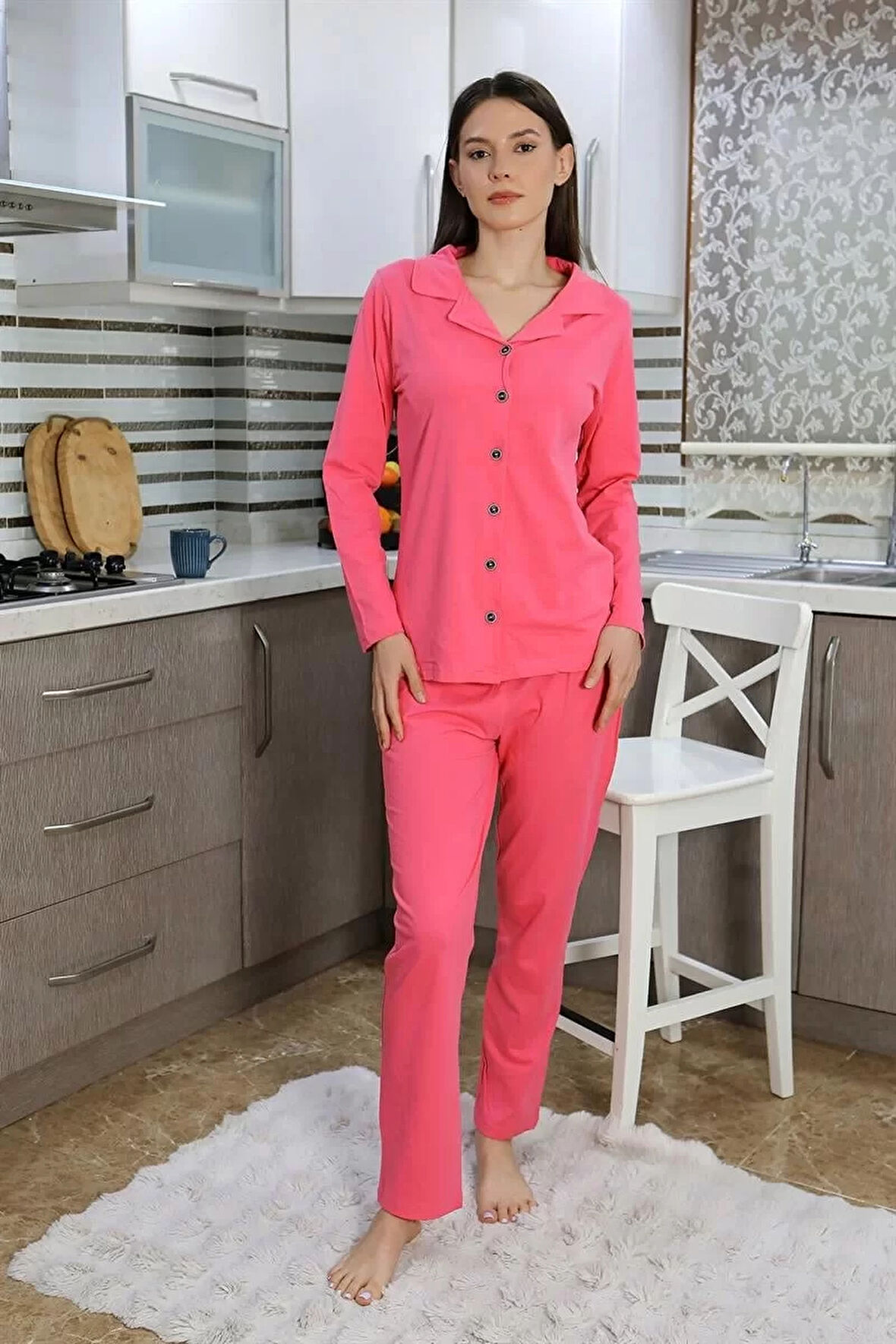 Moda Kadın Pamuk Penye Önden Düğmeli Uzun Kol Pijama Takım Pembe