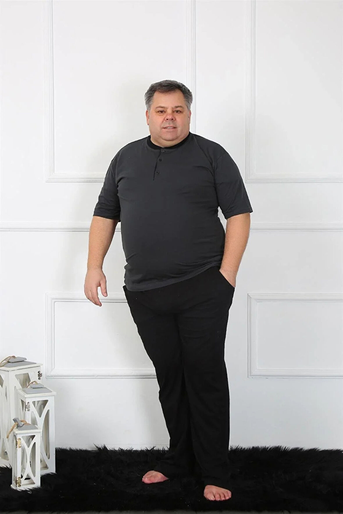 Moda Büyük Beden Erkek Antrasit Penye Pijama Takım