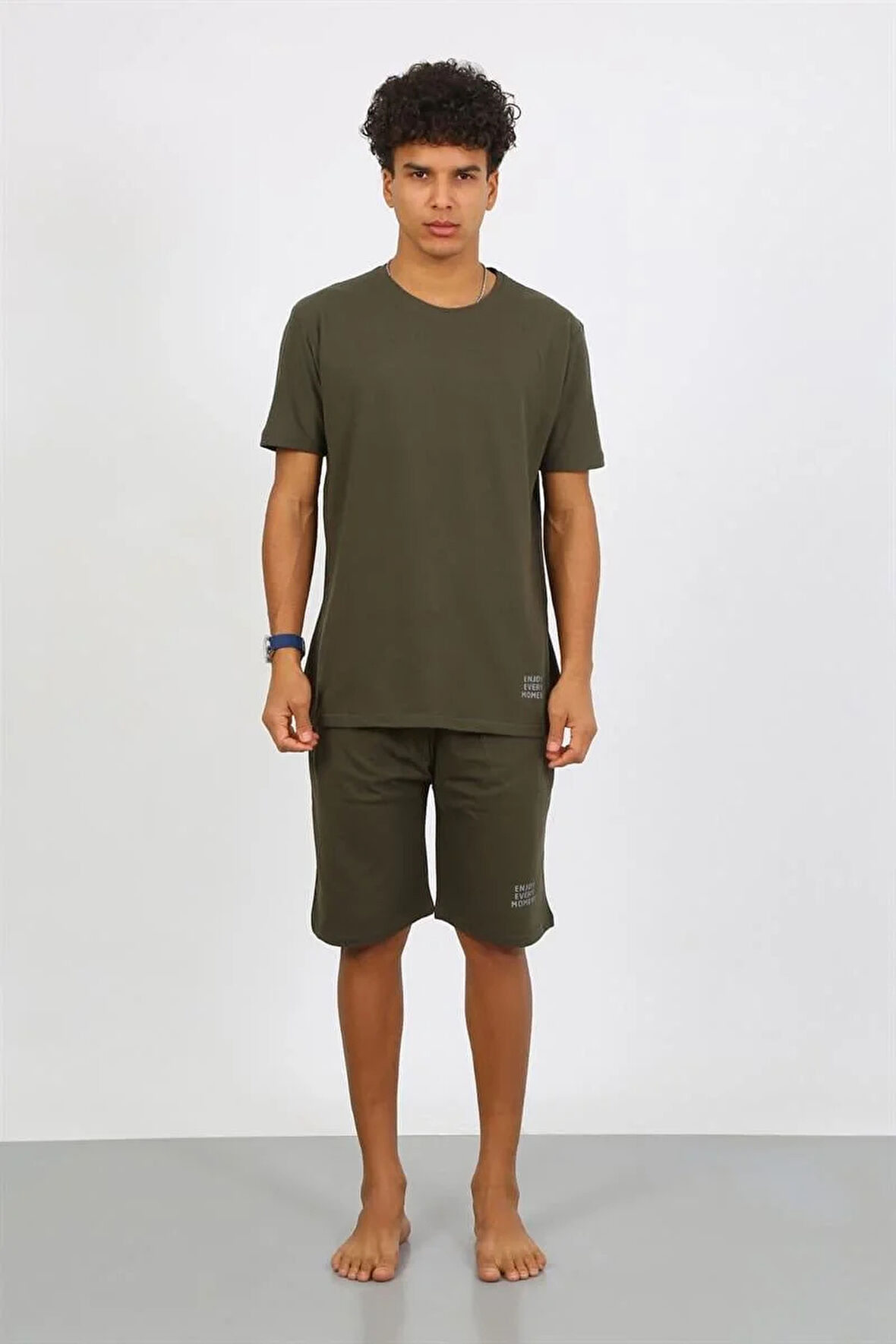 Moda Erkek Pamuk Lakost Alt Üst Kaprili Pijama Takım Haki