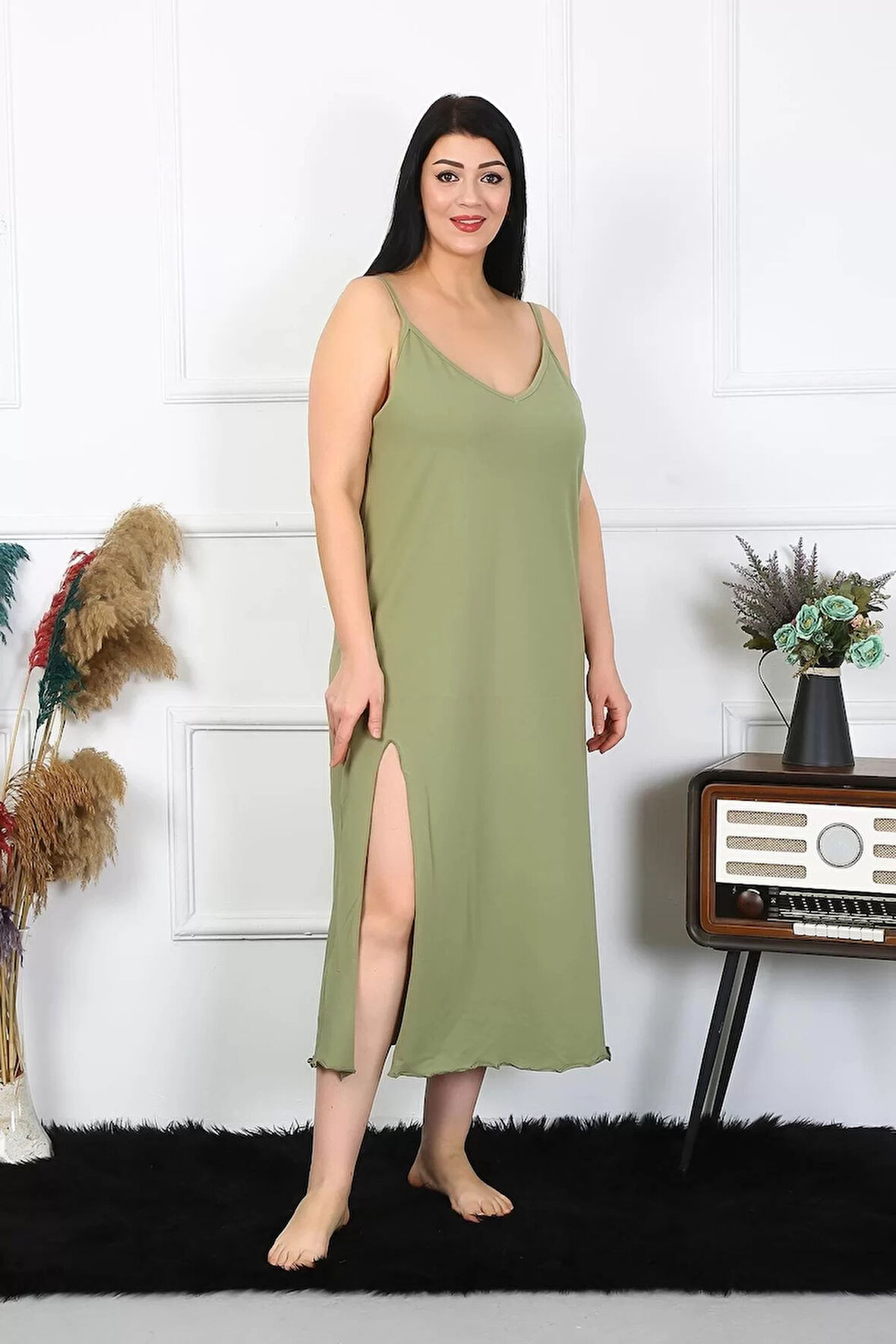 Moda Kadın Büyük Beden İp Askılı Pamuklu Haki Uzun Gecelik