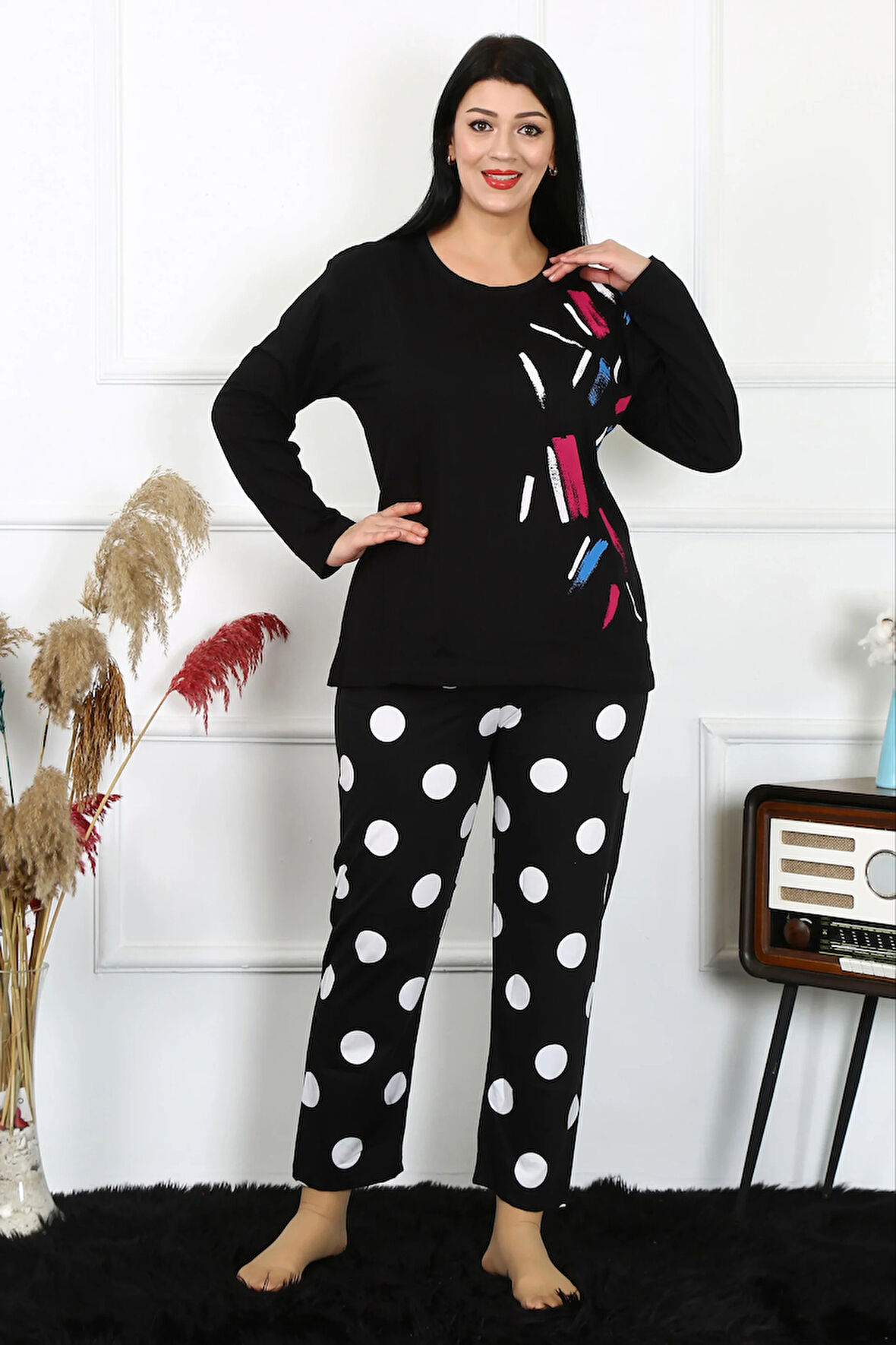 Moda Kadın Büyük Beden Penye Uzun Kol Pijama Takım