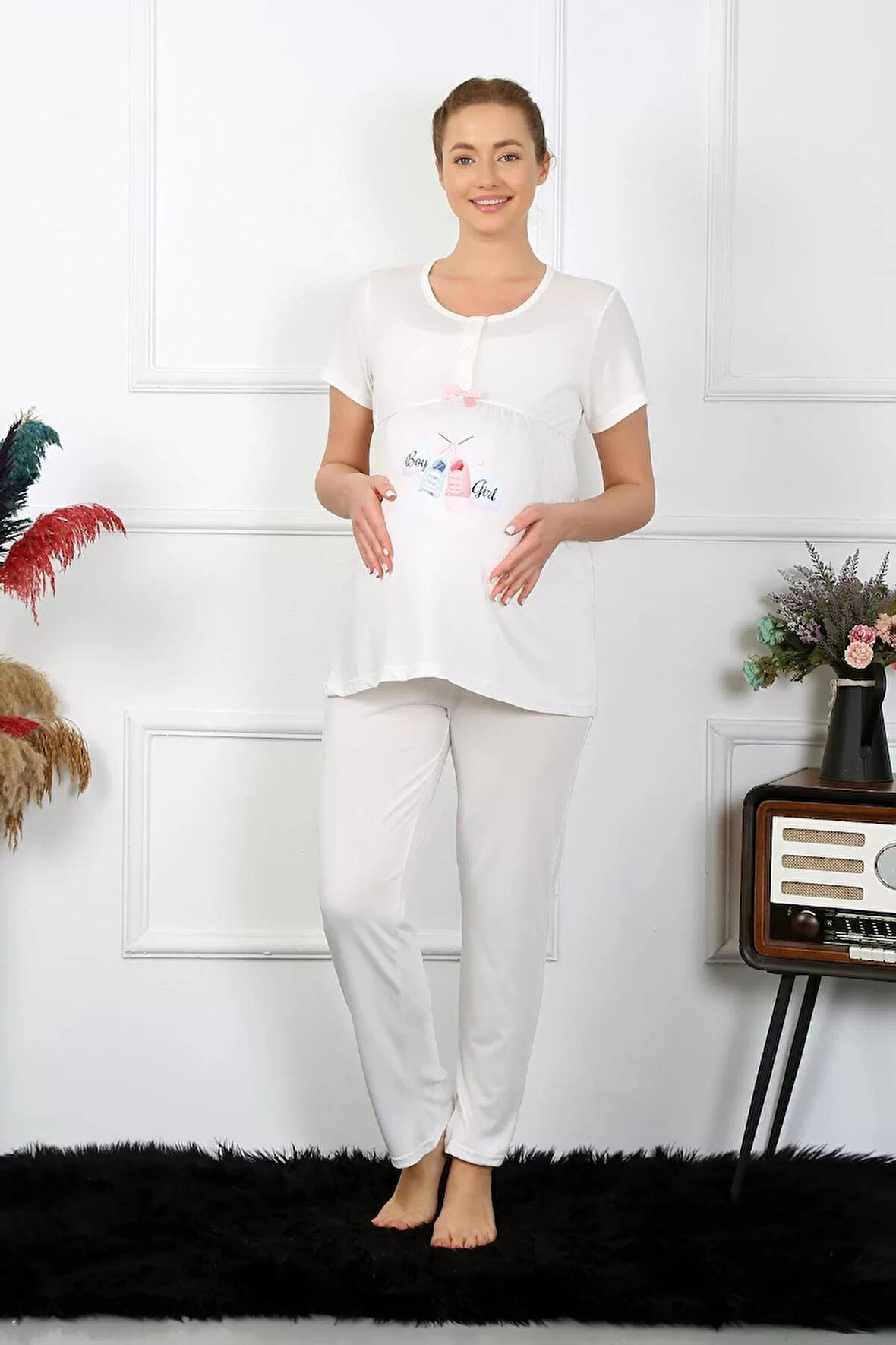 Moda Kadın Kısa Kol Hamile Lohusa Pijama Takımı Ekru