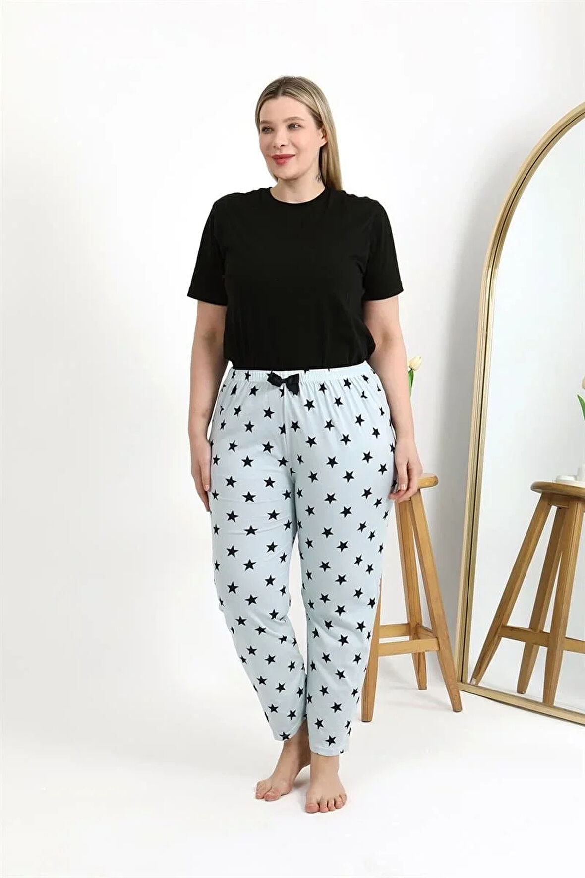 Moda Kadın Pamuklu Büyük Beden Alt Pijama Buz Mavisi