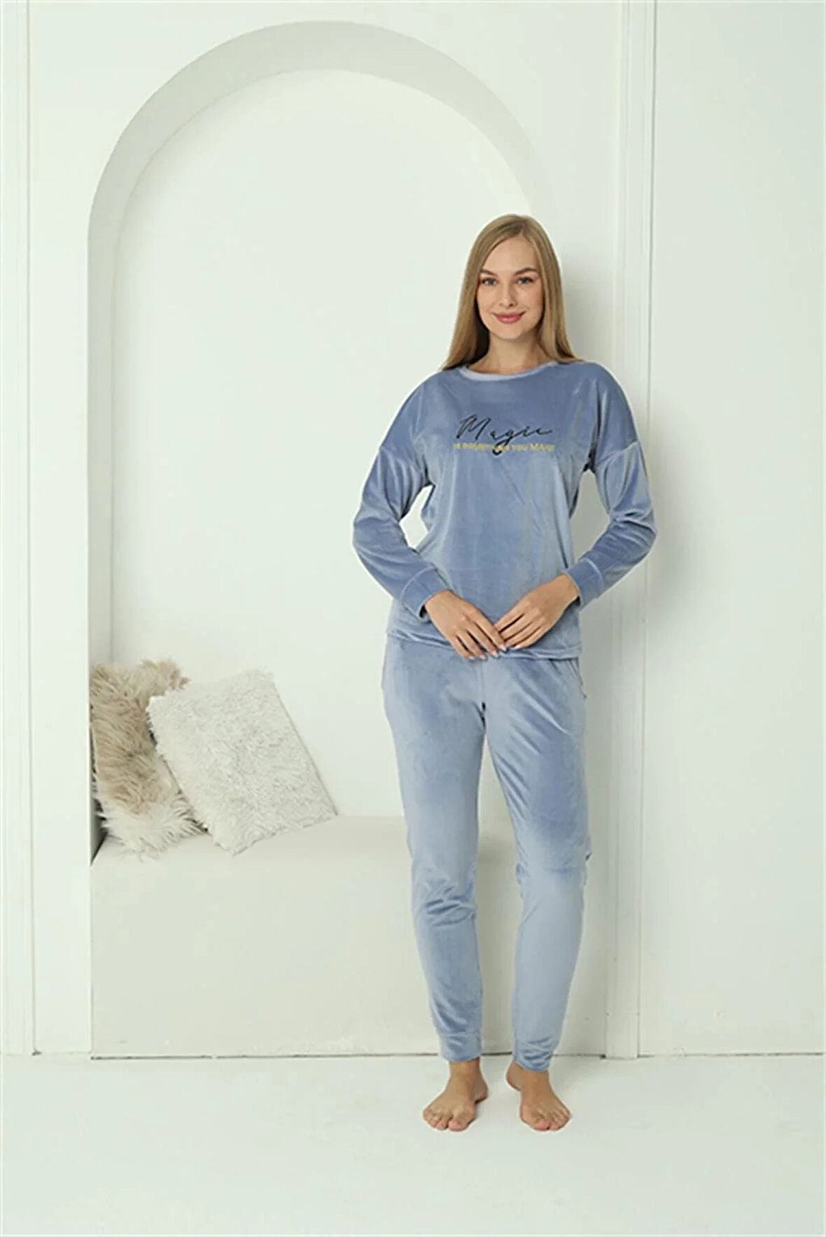 Moda Kadın Kadife Mavi Pijama Takım