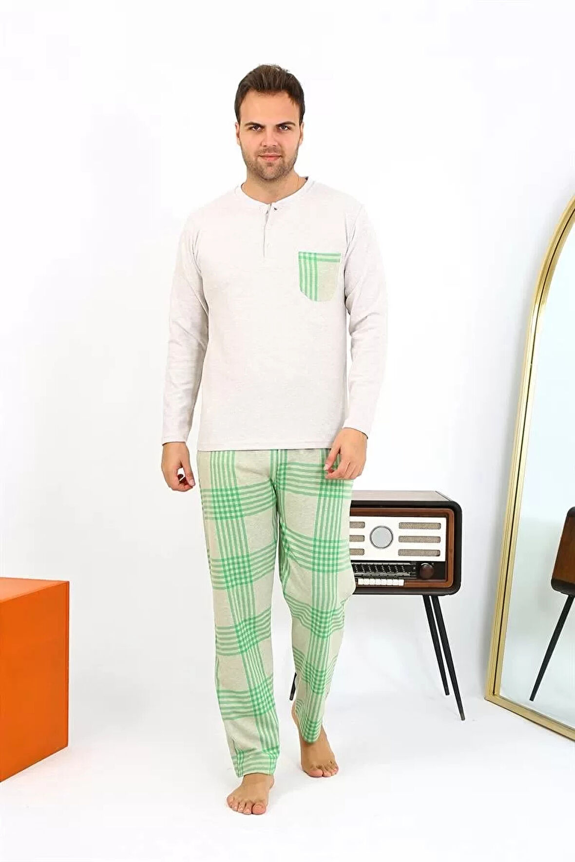 Moda Erkek Uzun Kol Penye Krem Pijama Takımı