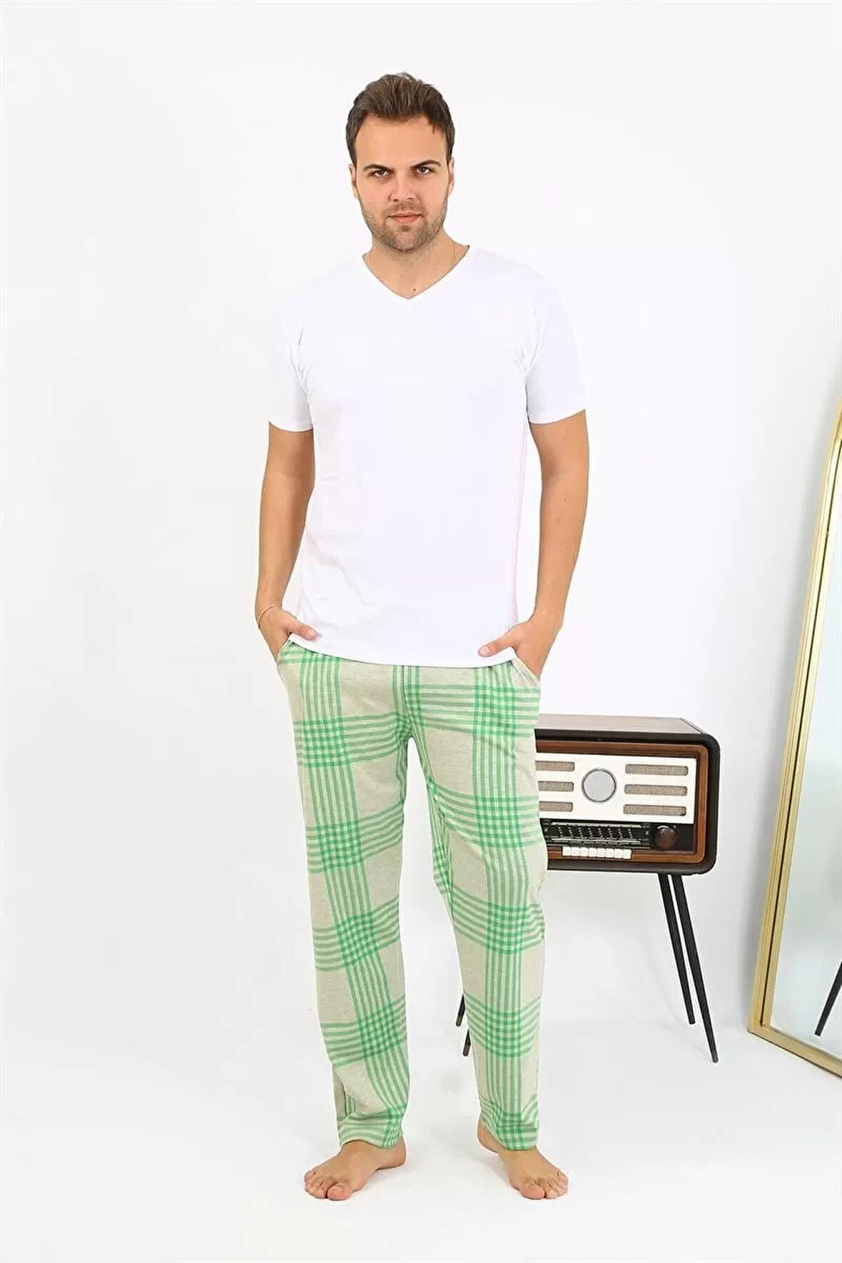 Moda Erkek Ekoseli Desen Penye Tek Alt Pijama Yeşil