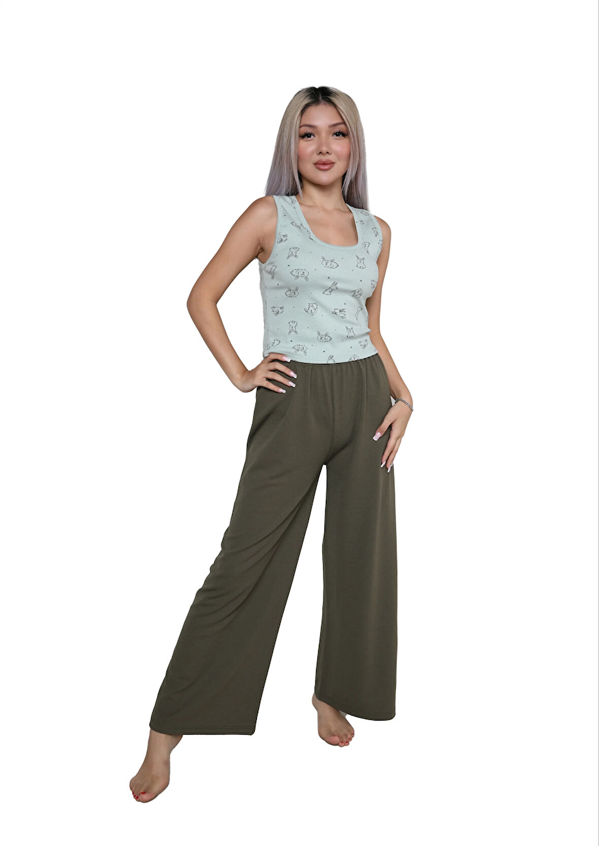 Moda Kadın Kalın Askılı Body Bol Paça Pantolon 2`li Takım Su Yeşili