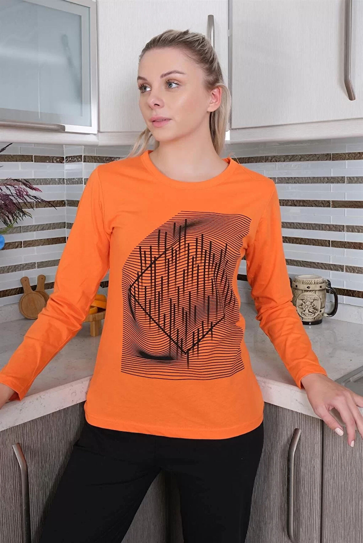 Moda Kadın Uzun Kol Penye Pijama Takım Turuncu