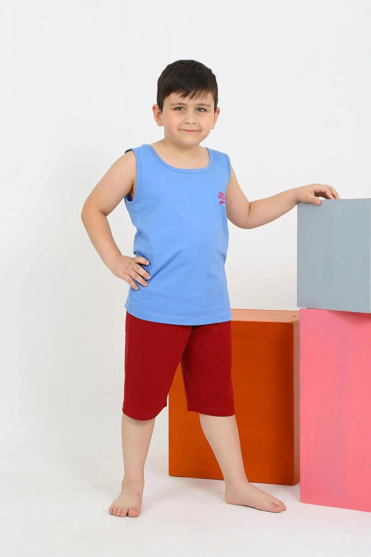 Moda Erkek Çocuk Sıfır Kol Şortlu Mavi Penye Pijama Takımı