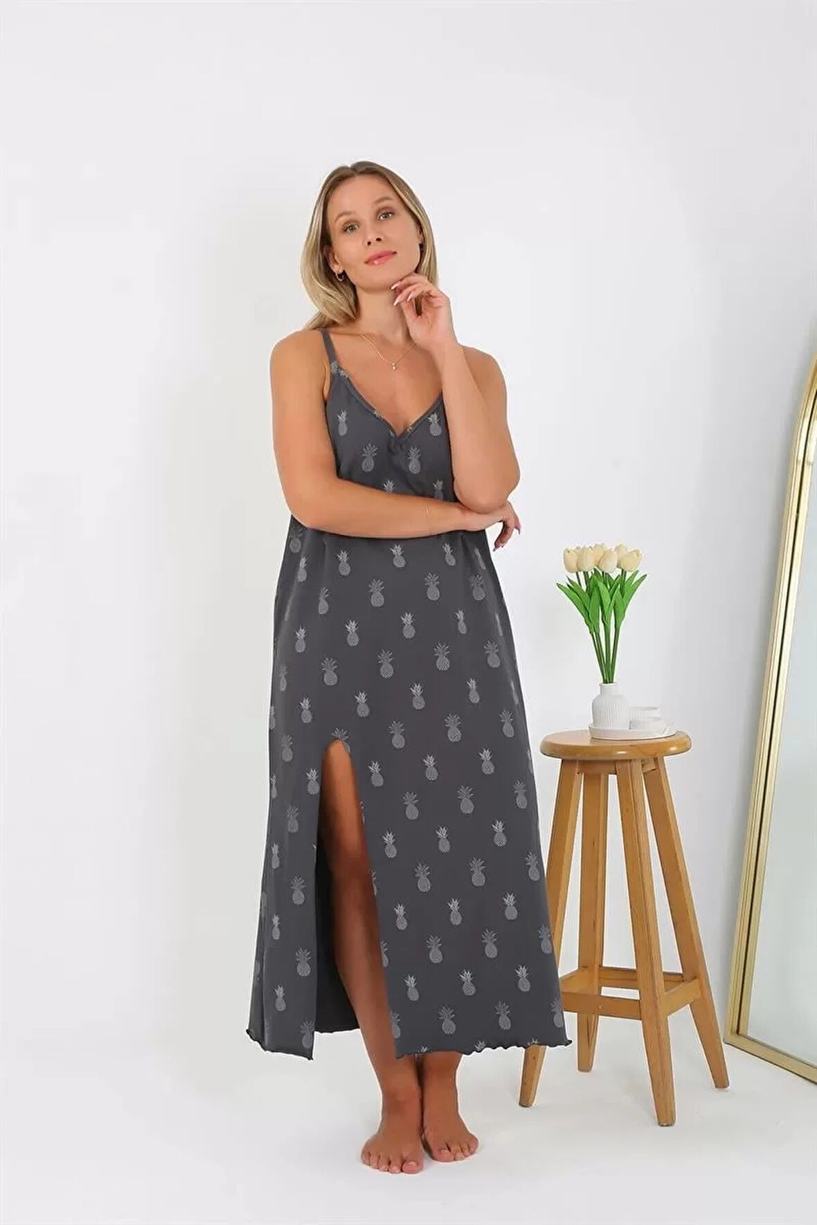 Moda Kadın Büyük Beden İp Askılı Uzun Gecelik