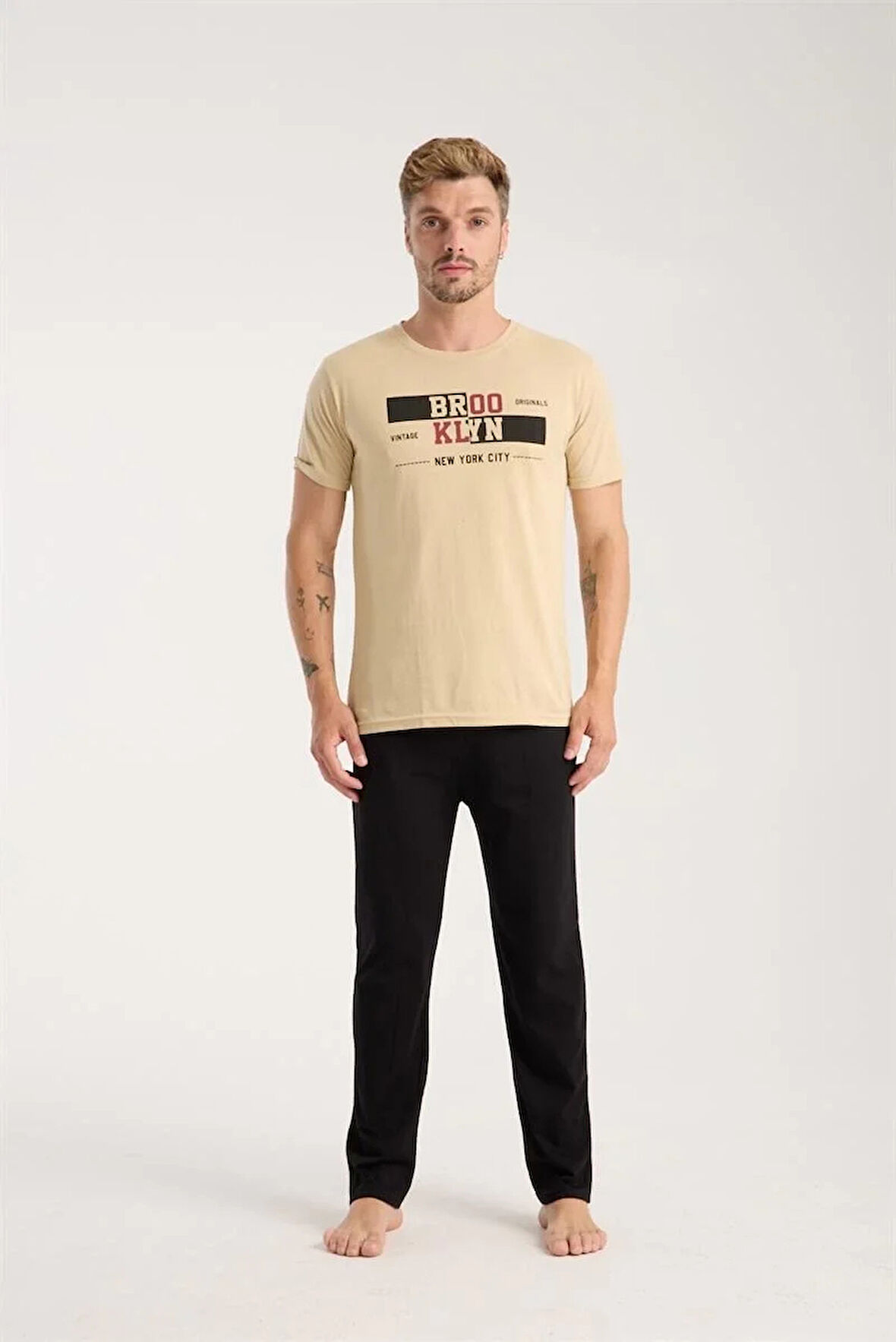 Moda Erkek Ten Rengi Kısa Kol Pijama Takımı