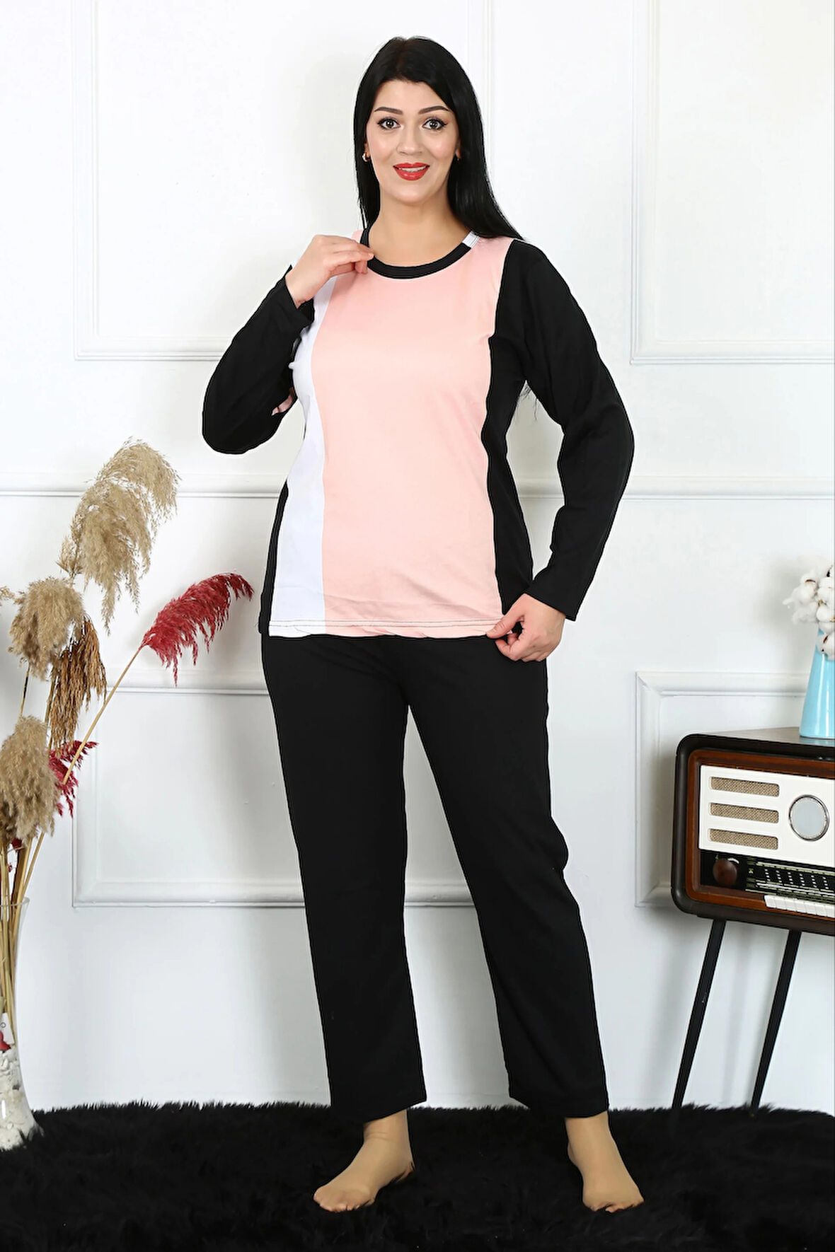 Moda Kadın Büyük Beden Penye Uzun Kol Pijama Takım