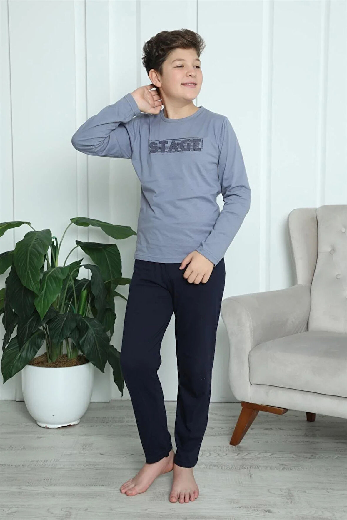 Moda Erkek Çocuk Penye Pijama Takım Gri