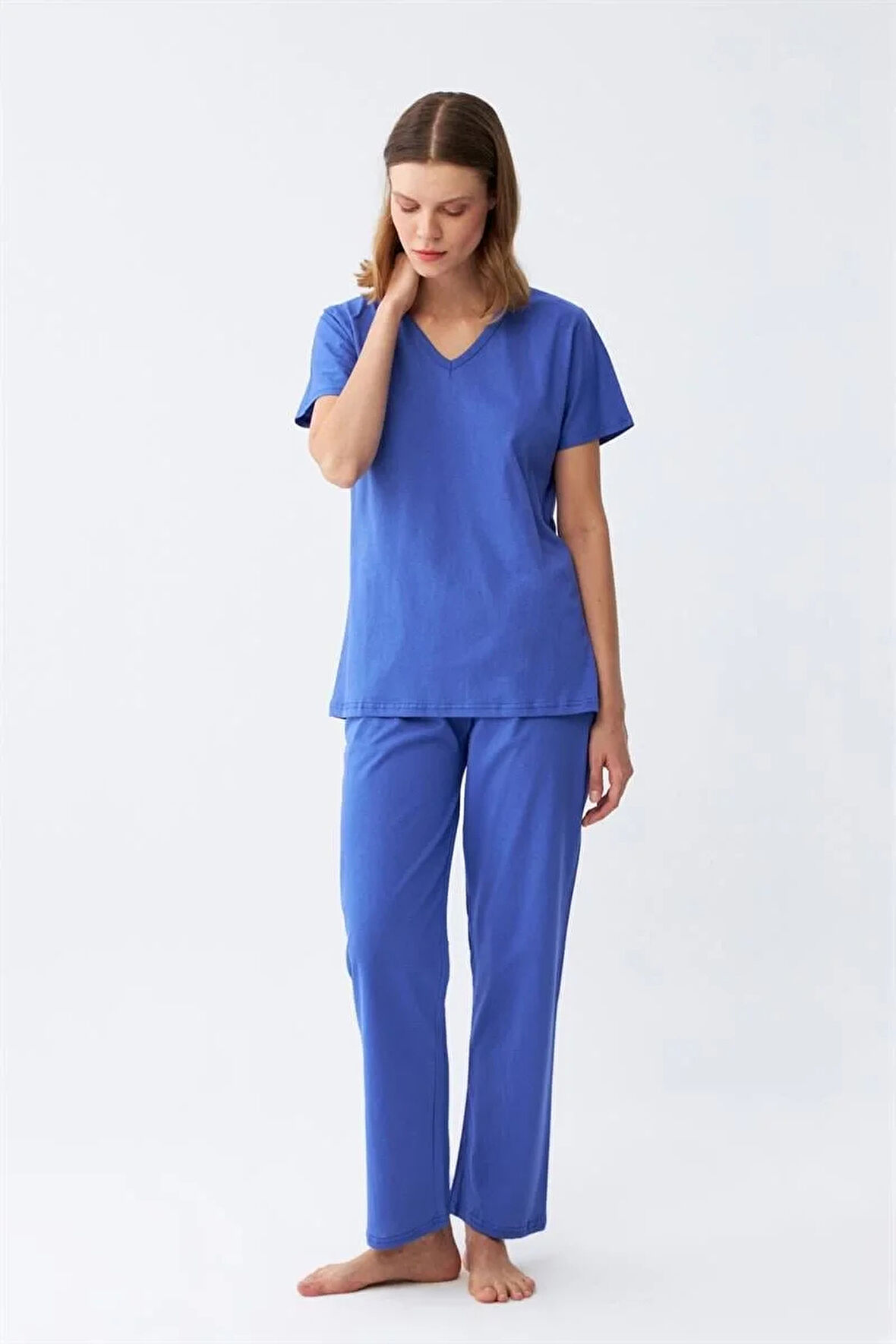 Moda Kadın Kısa Kol Pamuk Penye Pijama Takım Saks