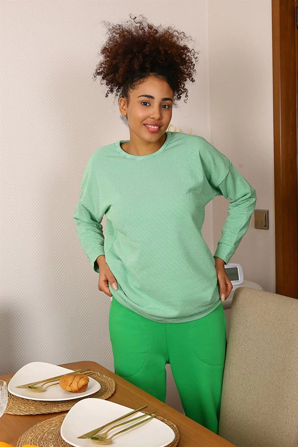 Moda Kadın Uzun Kol 3 İplik Penye Pijama Takım Yeşil