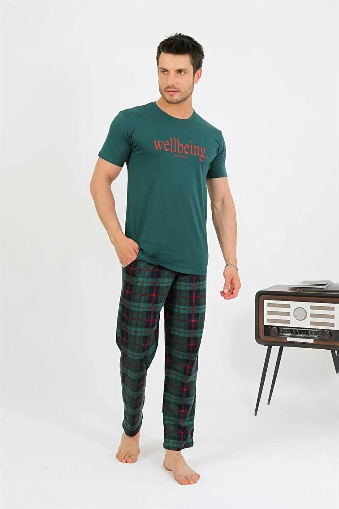 Moda Erkek Pamuk Kısa Kol Pijama Takım Zümrüt