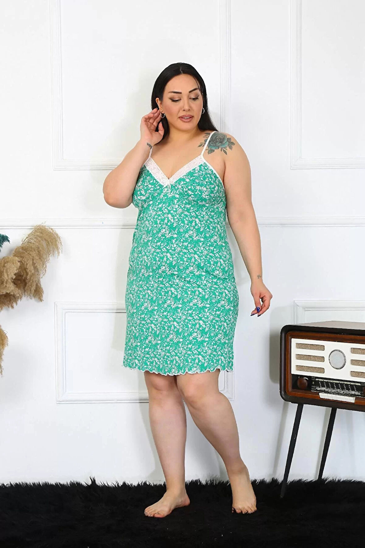 Moda Kadın Pamuklu İp Askılı Büyük Beden Gecelik Turkuaz