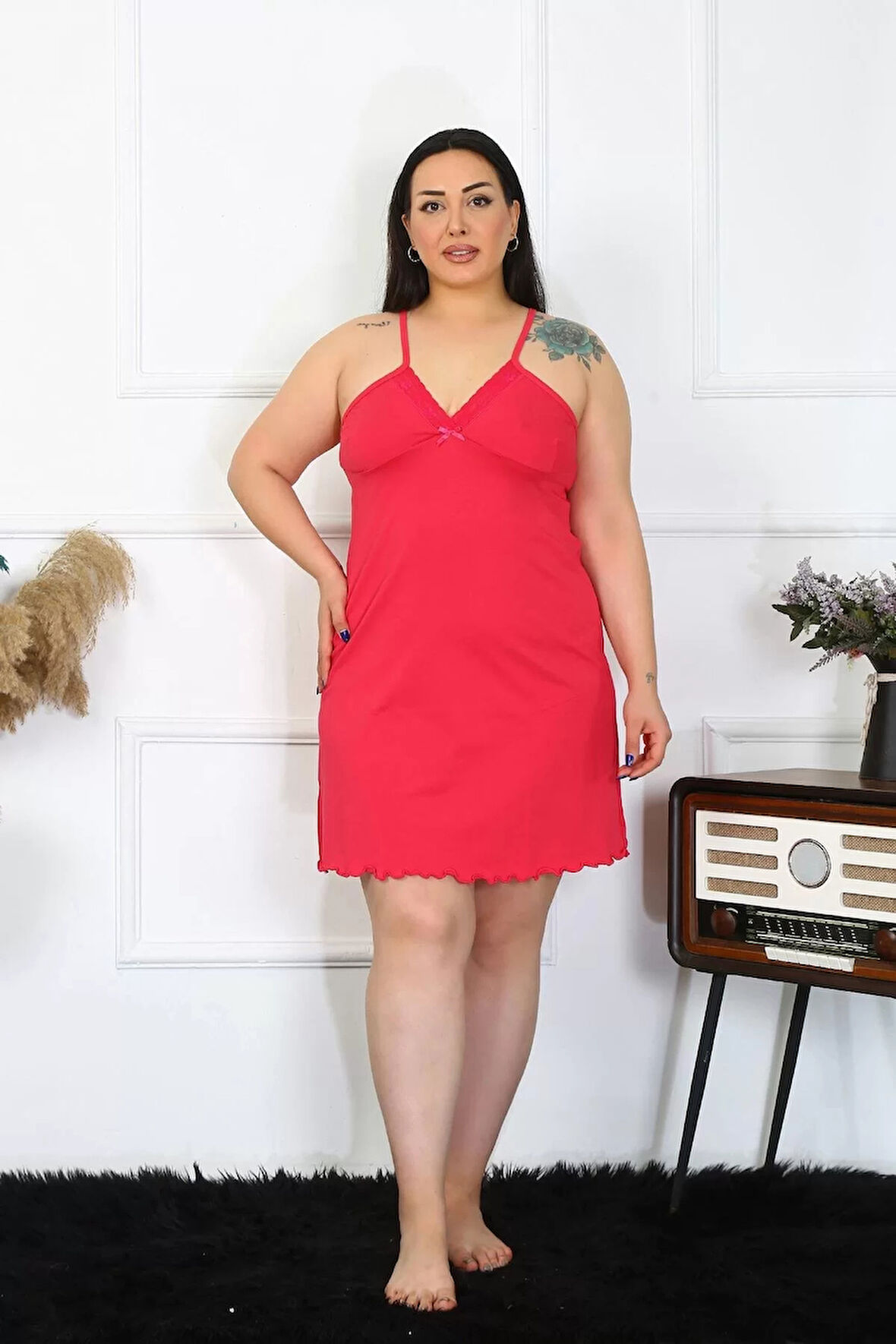 Moda Kadın Pamuklu Fuşya İp Askılı Büyük Beden Gecelik