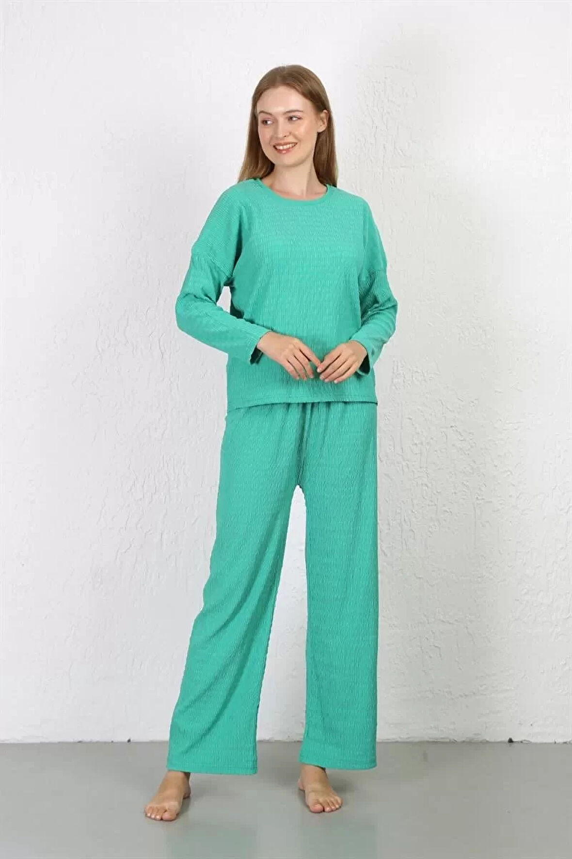 Moda Kadın Bürümcük Kumaş Pijama Takım Yeşil