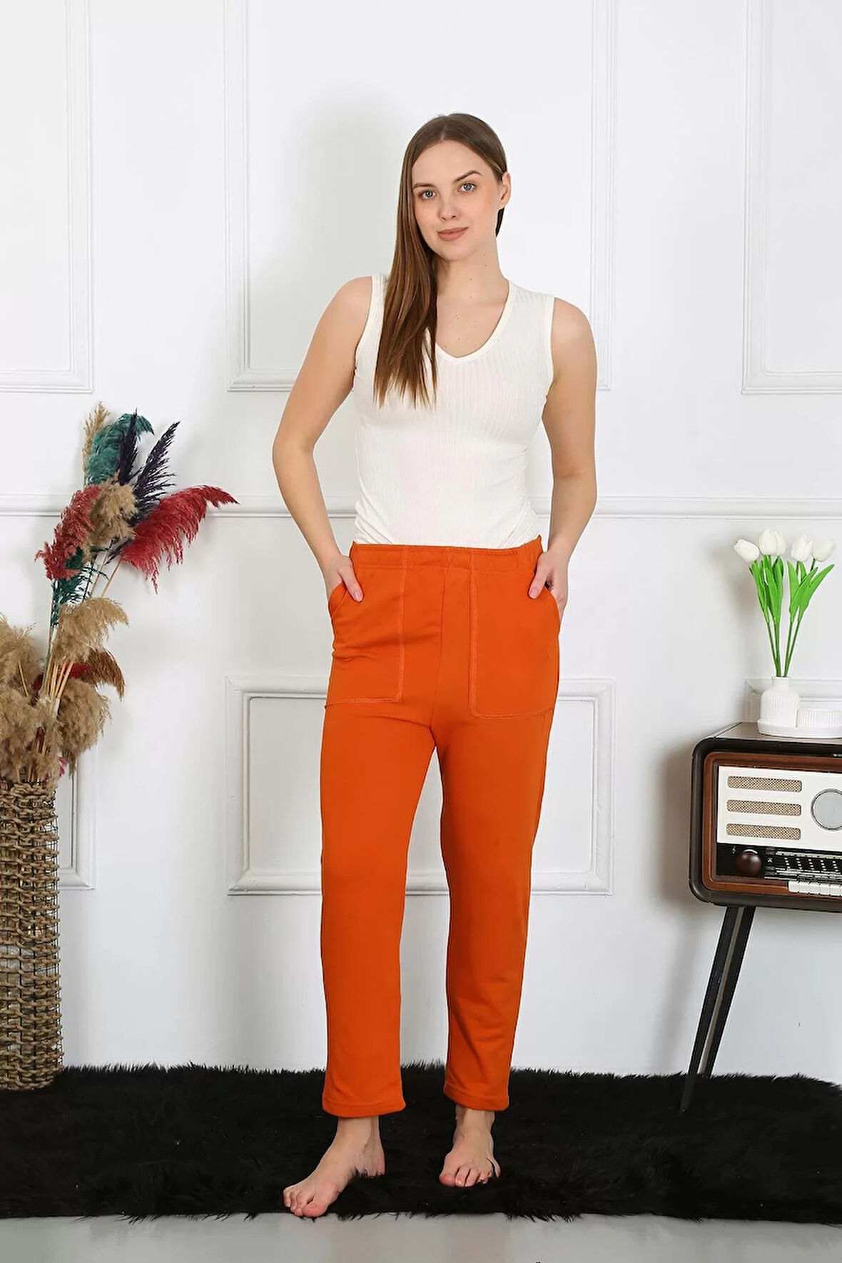 Moda Kadın Pamuk Cepli 3 İplik Alt Eşofman Kiremit