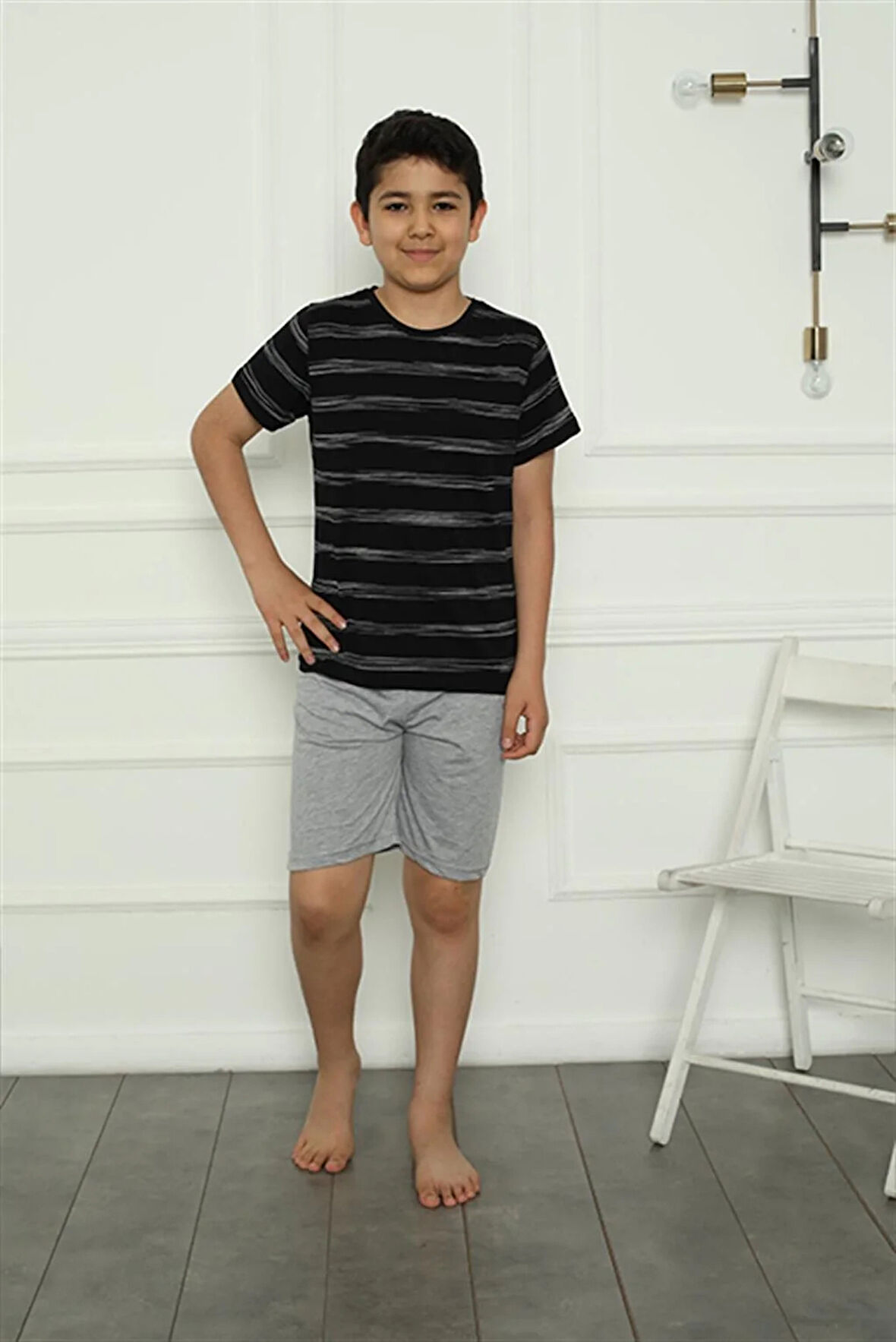 Moda Erkek Çocuk Penye Şortlu Pijama Takım Siyah